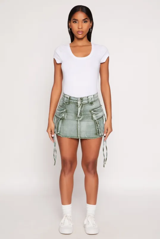 Daisy Acid Wash Denim Mini Cargo Skirt sold by Rainbow