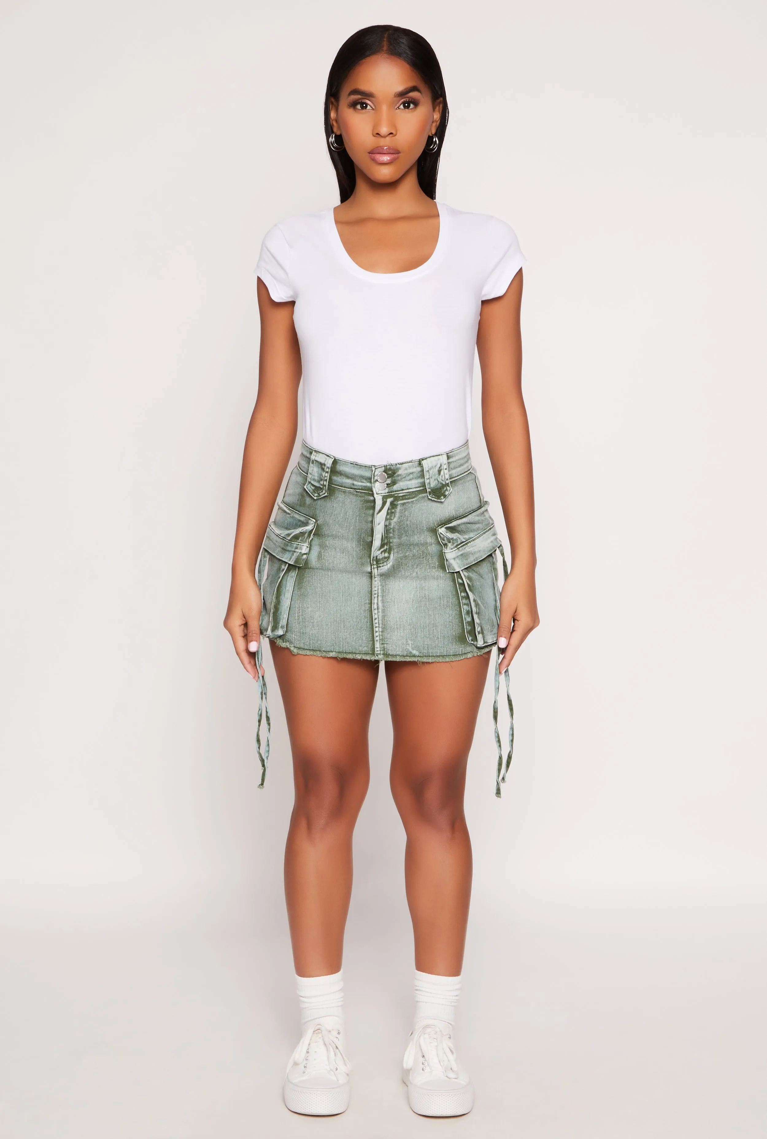 Daisy Acid Wash Denim Mini Cargo Skirt sold by Rainbow