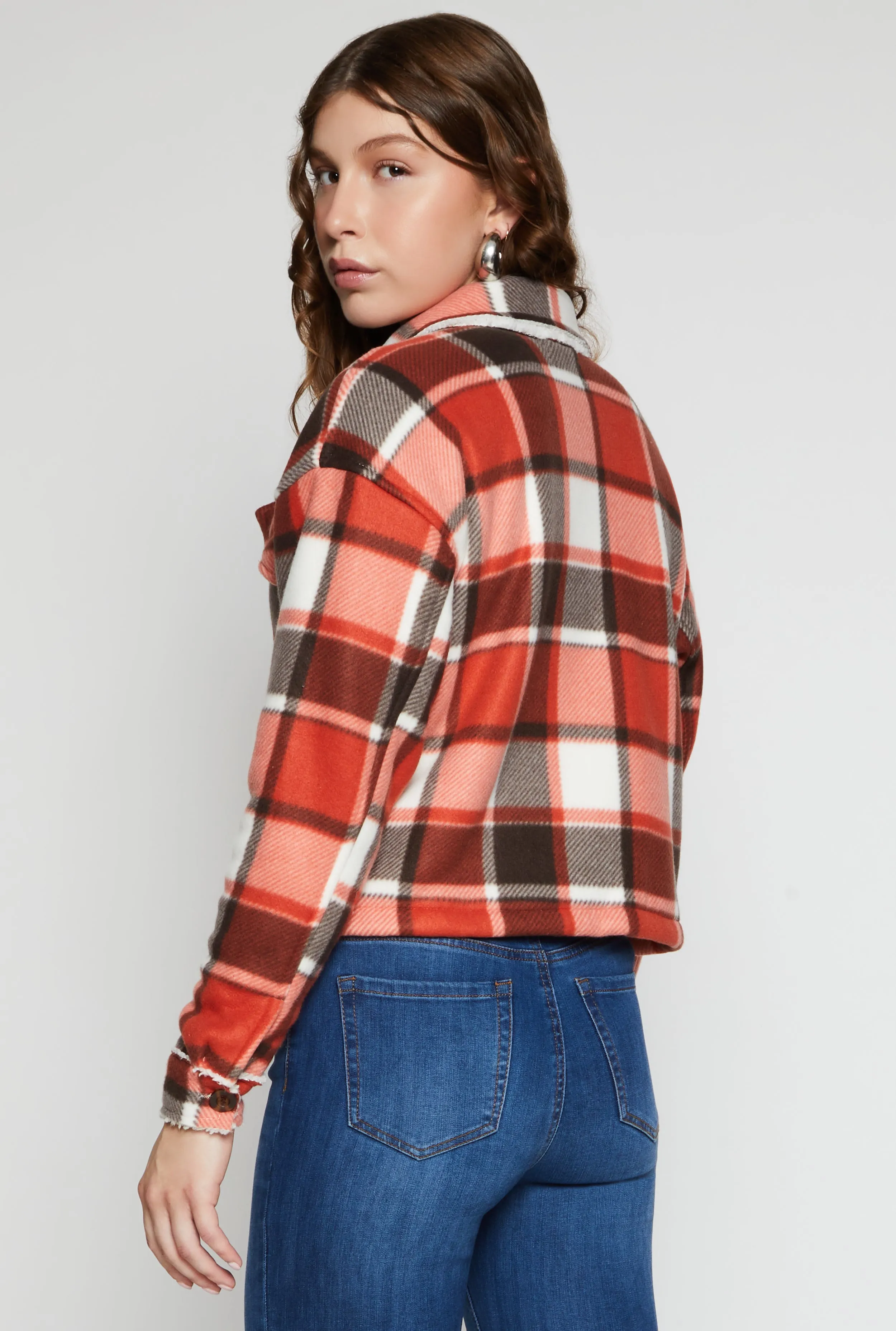 Plaid Sherpa Lined Cropped Button Front Shacket sold by Rainbow product image thumbnail 3