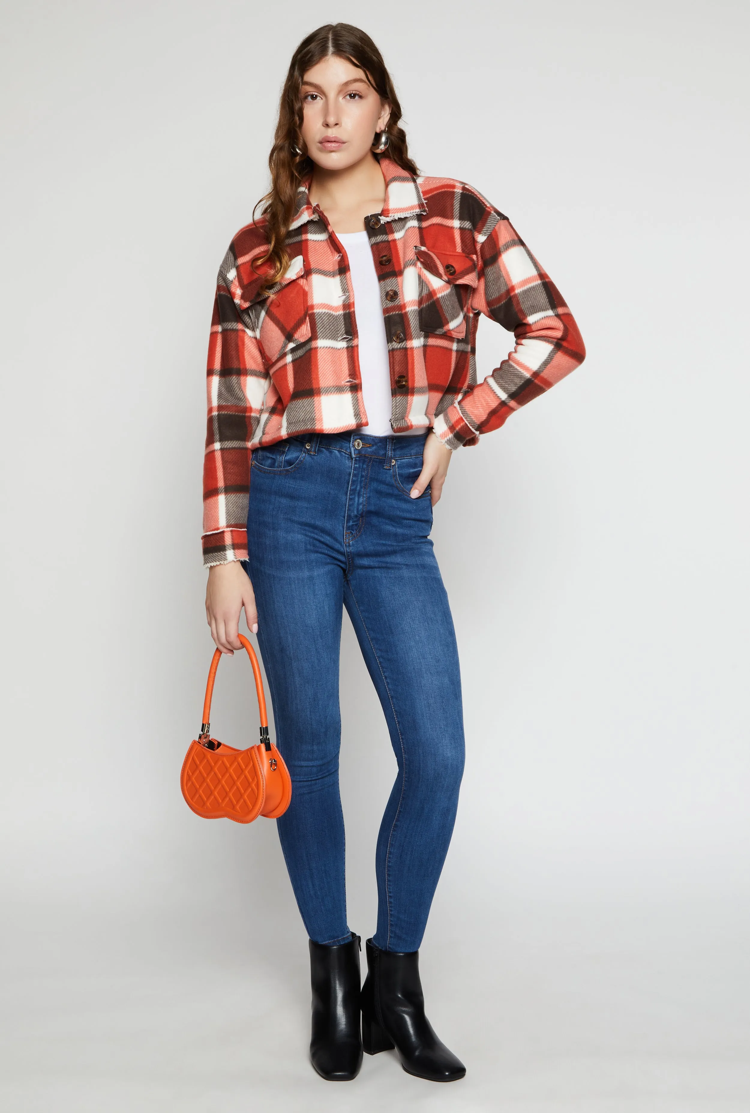 Plaid Sherpa Lined Cropped Button Front Shacket sold by Rainbow product image thumbnail 2