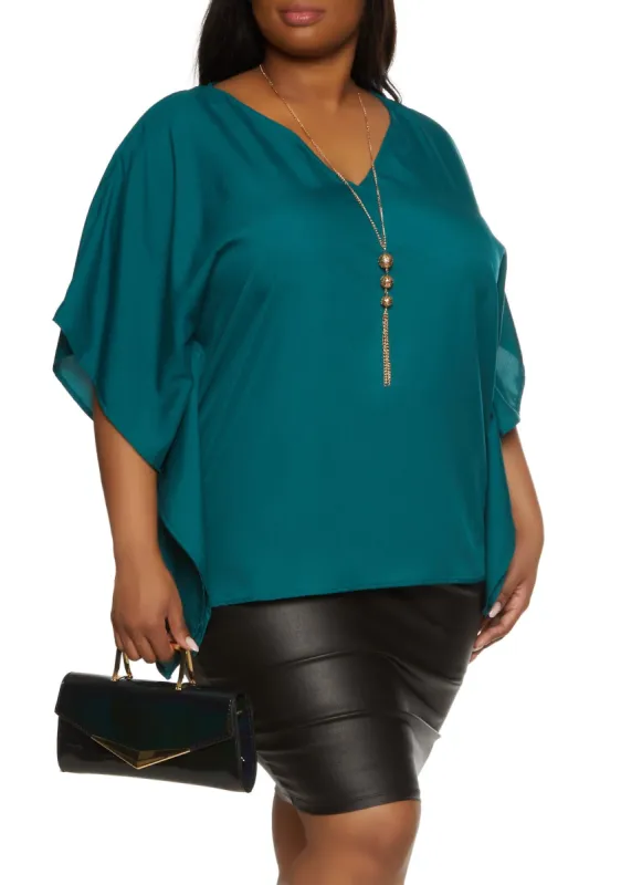 Plus Size Batwing Sleeve V Neck Blouse with Necklace sold by Rainbow