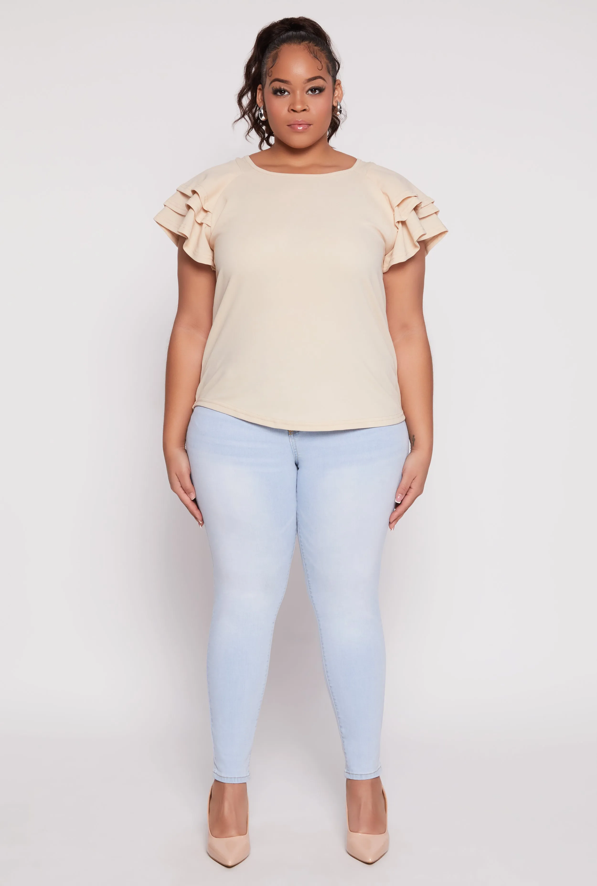 Plus Size Tiered Flutter Sleeve Blouse sold by Rainbow