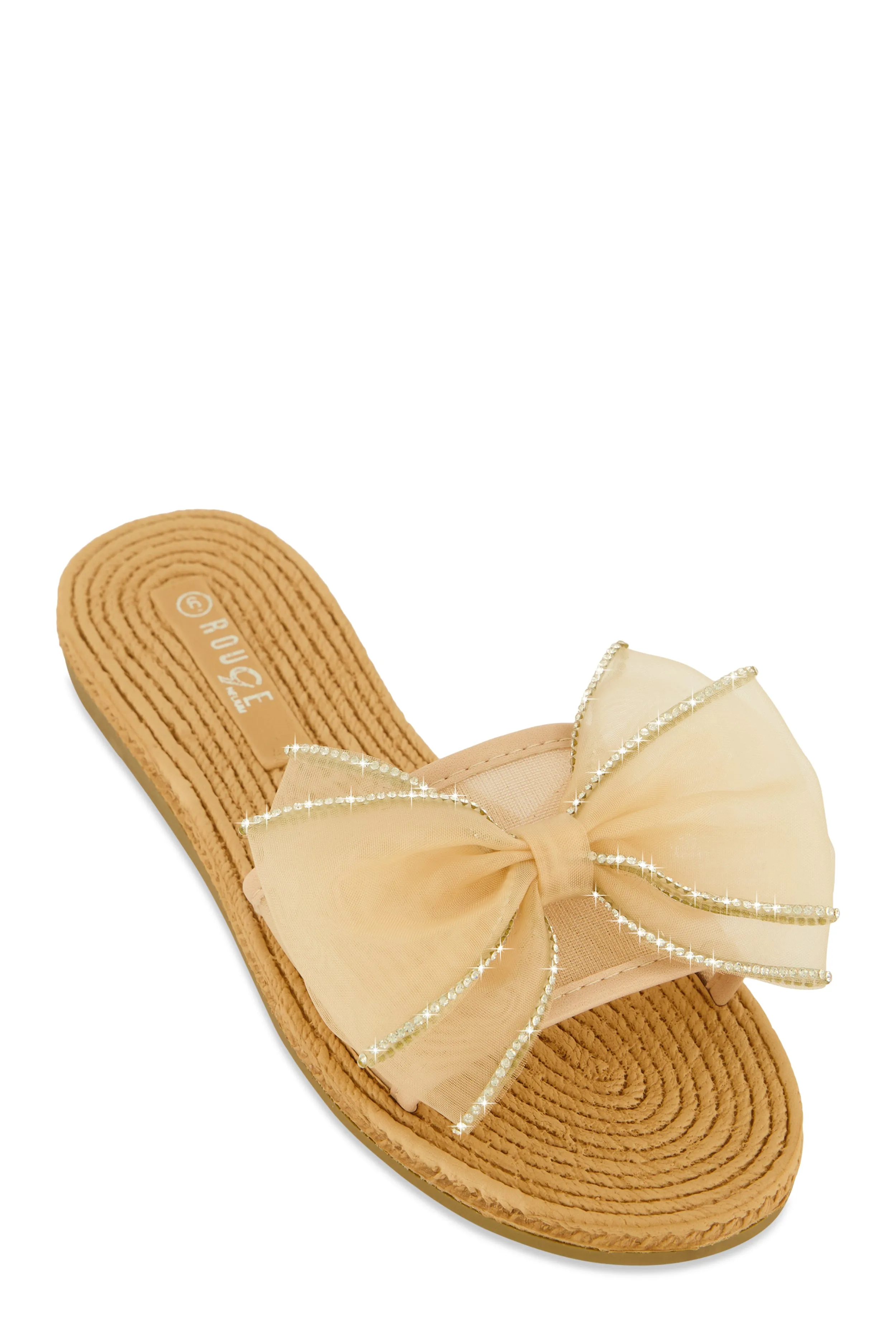 Rhinestone Trim Bow Slide Sandals sold by Rainbow
