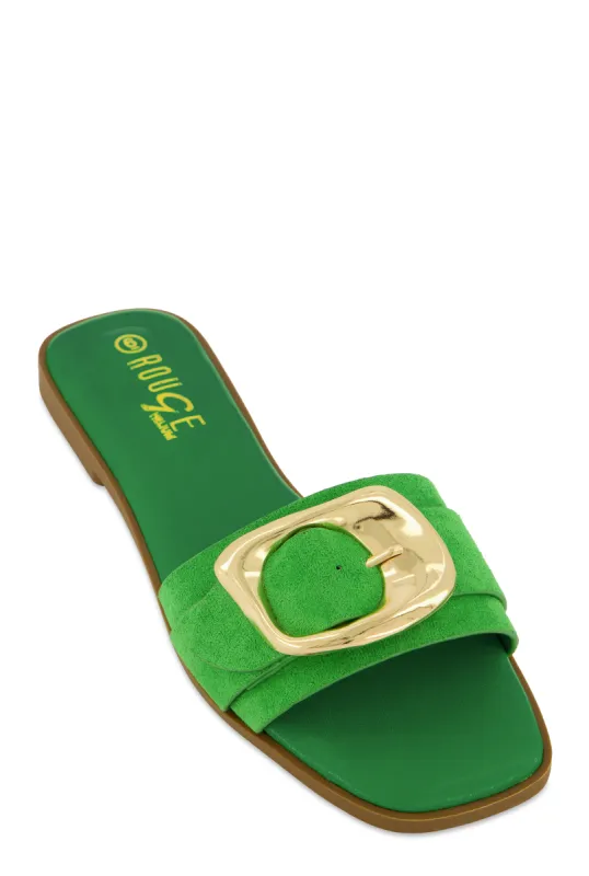 Metallic Buckle Band Slide Sandals sold by Rainbow