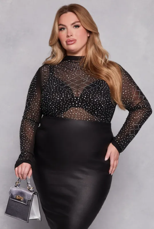 Plus Size Mesh Studded Long Sleeve Top sold by Rainbow