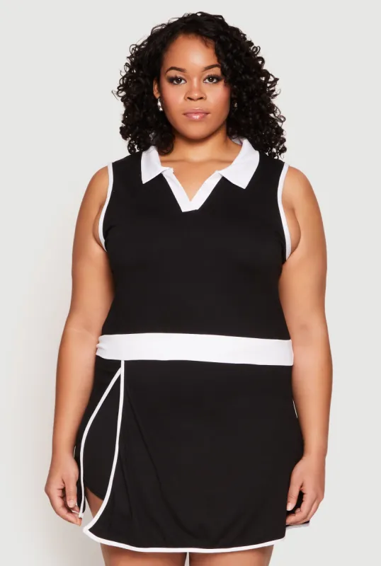 Plus Size Contrast Trim Johnny Collar Sleeveless Top sold by Rainbow