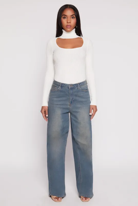 Ribbed Knit Cut Out Turtleneck Sweater sold by Rainbow