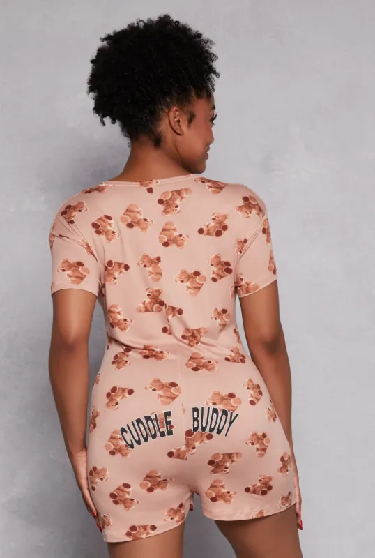 Plus Size Teddy Bear Print Button Front Pajama Romper sold by Rainbow