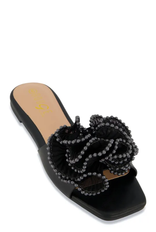 Plisse Beaded Trim Band Slide Sandals sold by Rainbow