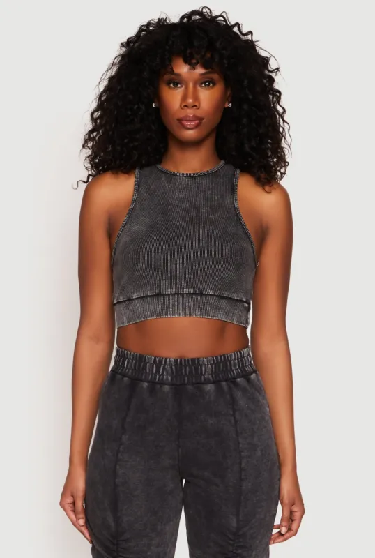 Ribbed Knit Acid Wash Racerback Crop Top sold by Rainbow