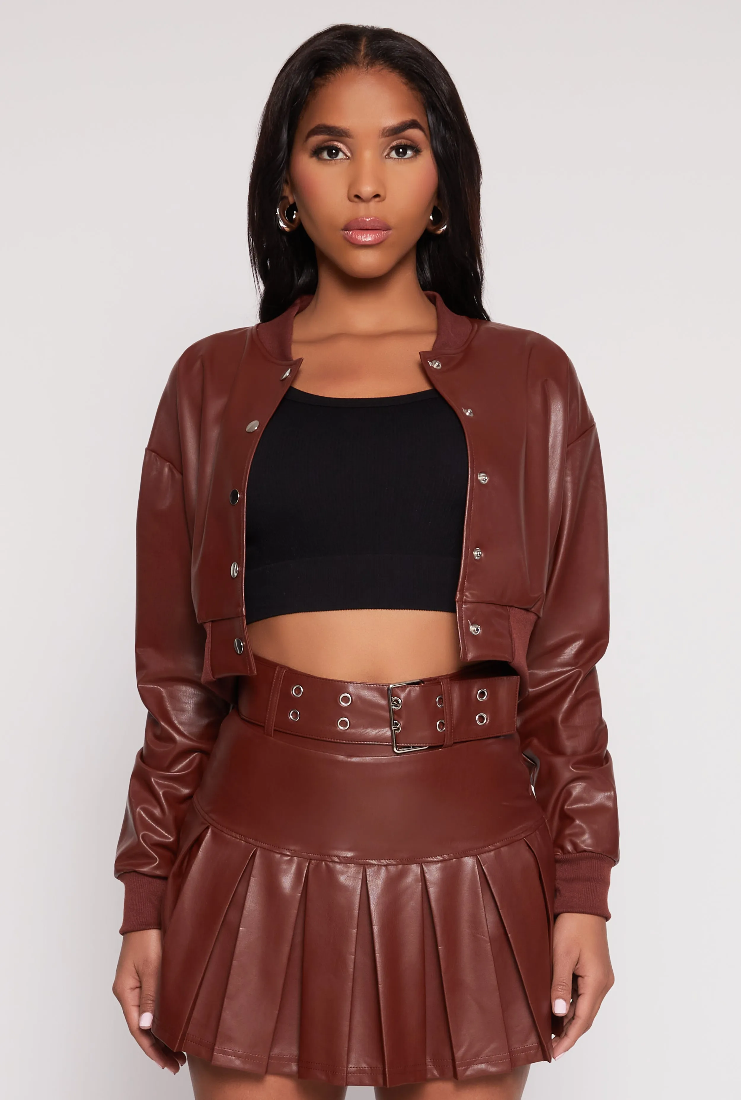 Faux Leather Cropped Bomber Jacket sold by Rainbow