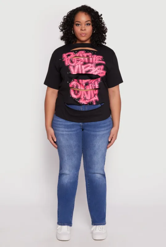 Plus Size Positive Vibes Only Slashed Graphic Tee sold by Rainbow