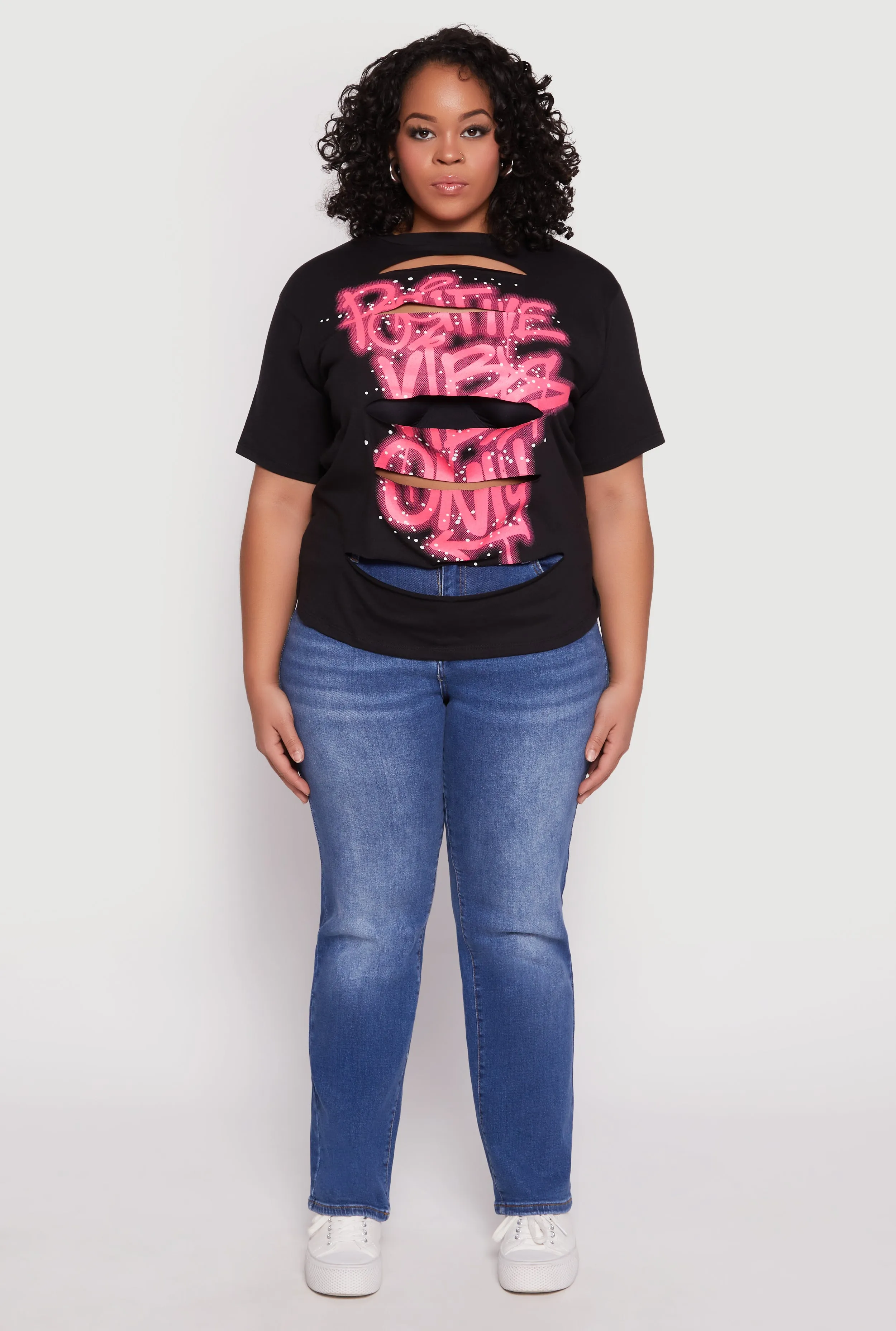 Plus Size Positive Vibes Only Slashed Graphic Tee sold by Rainbow