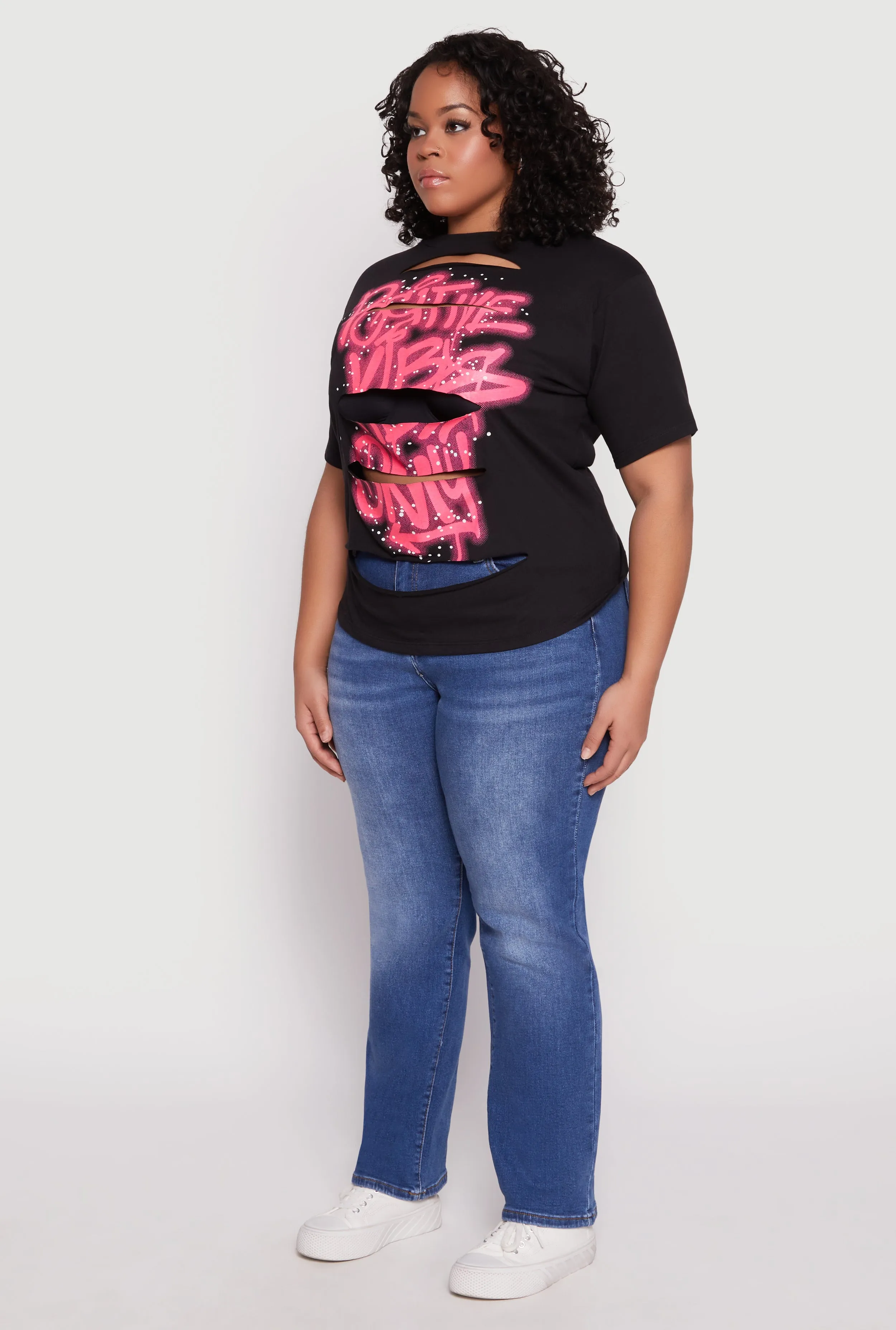 Plus Size Positive Vibes Only Slashed Graphic Tee sold by Rainbow product image thumbnail 3