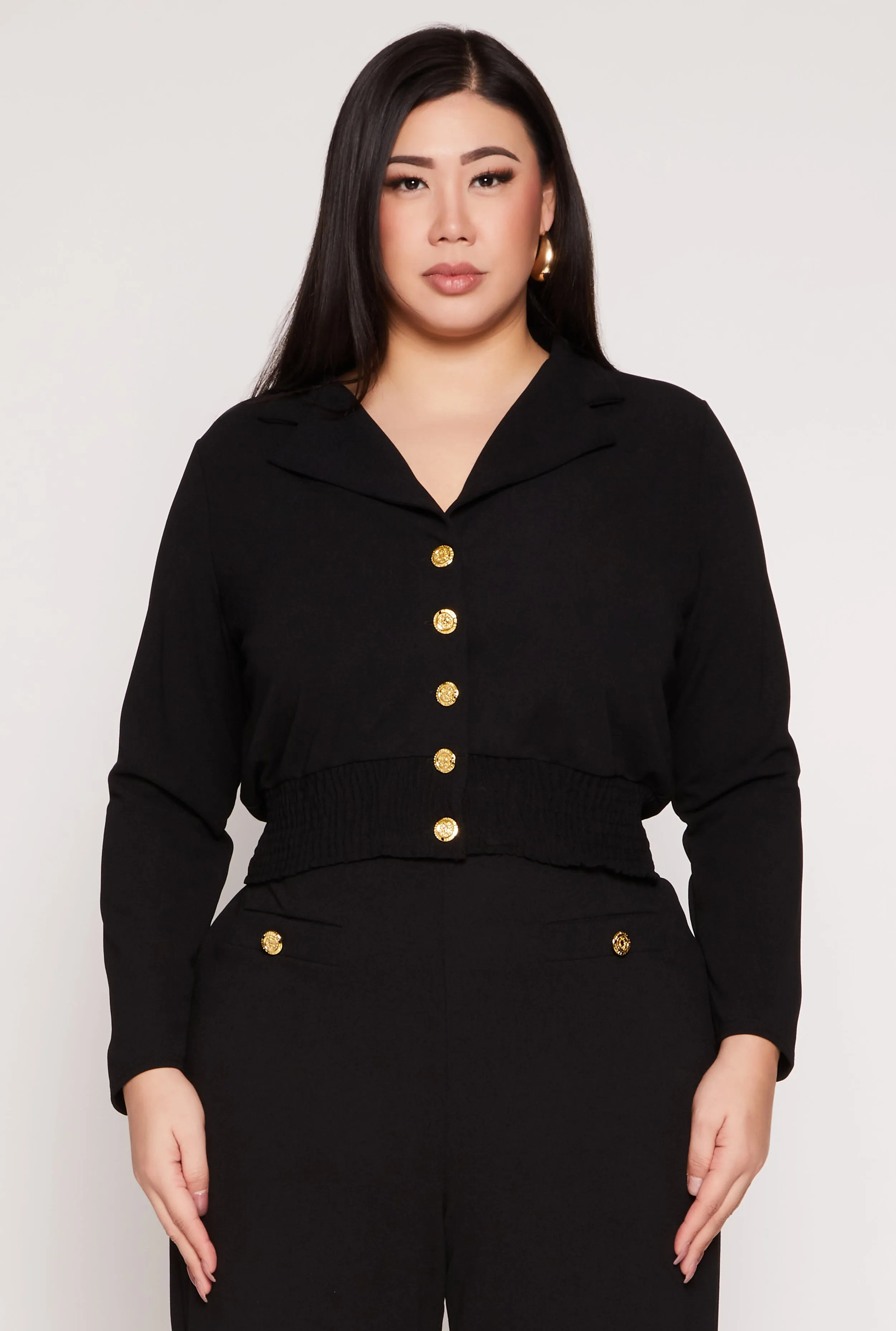 Plus Size Button Front Smocked Blouse sold by Rainbow