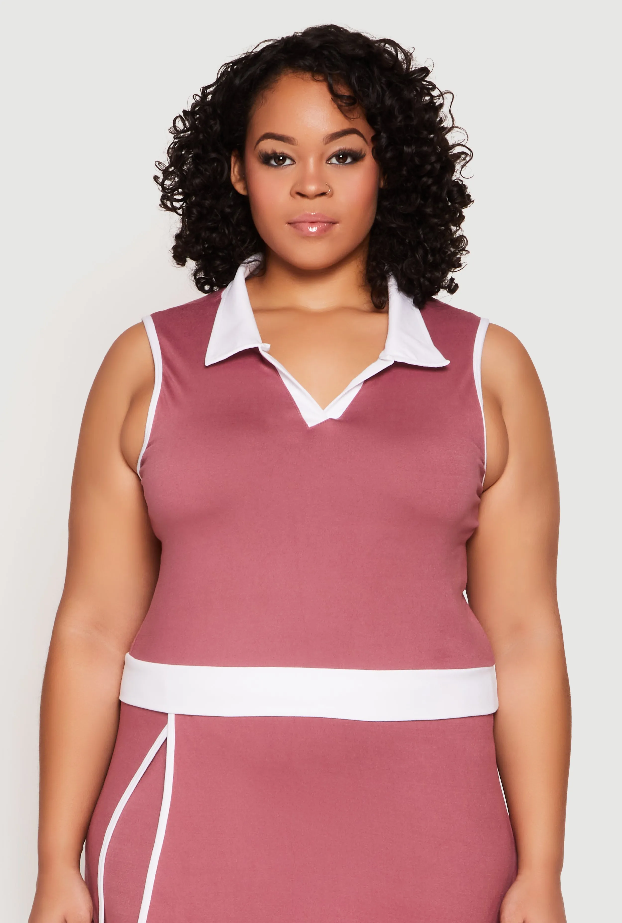 Plus Size Contrast Trim Johnny Collar Sleeveless Top sold by Rainbow