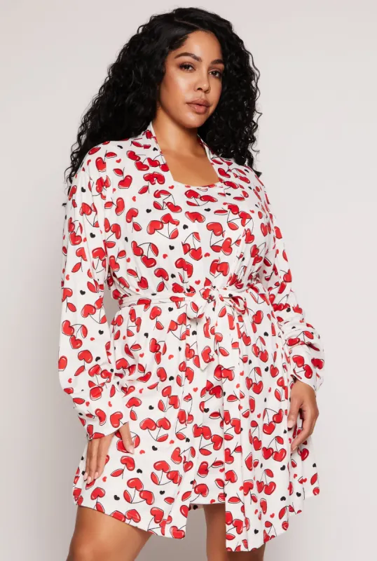 Plus Size Cherry Heart Print Cami Nightgown with Robe sold by Rainbow