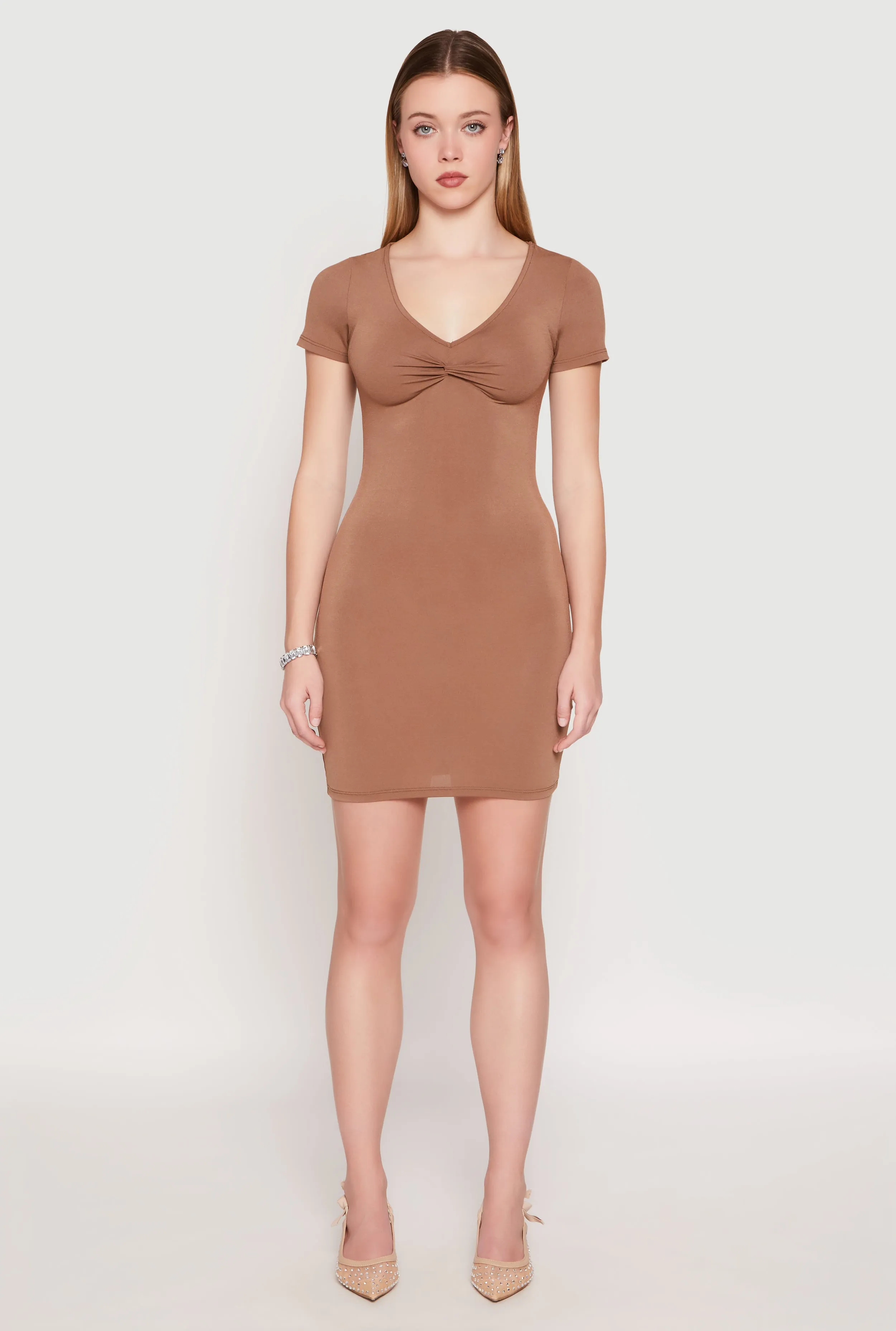 Crepe Knit V Neck Twist Front Mini Dress sold by Rainbow