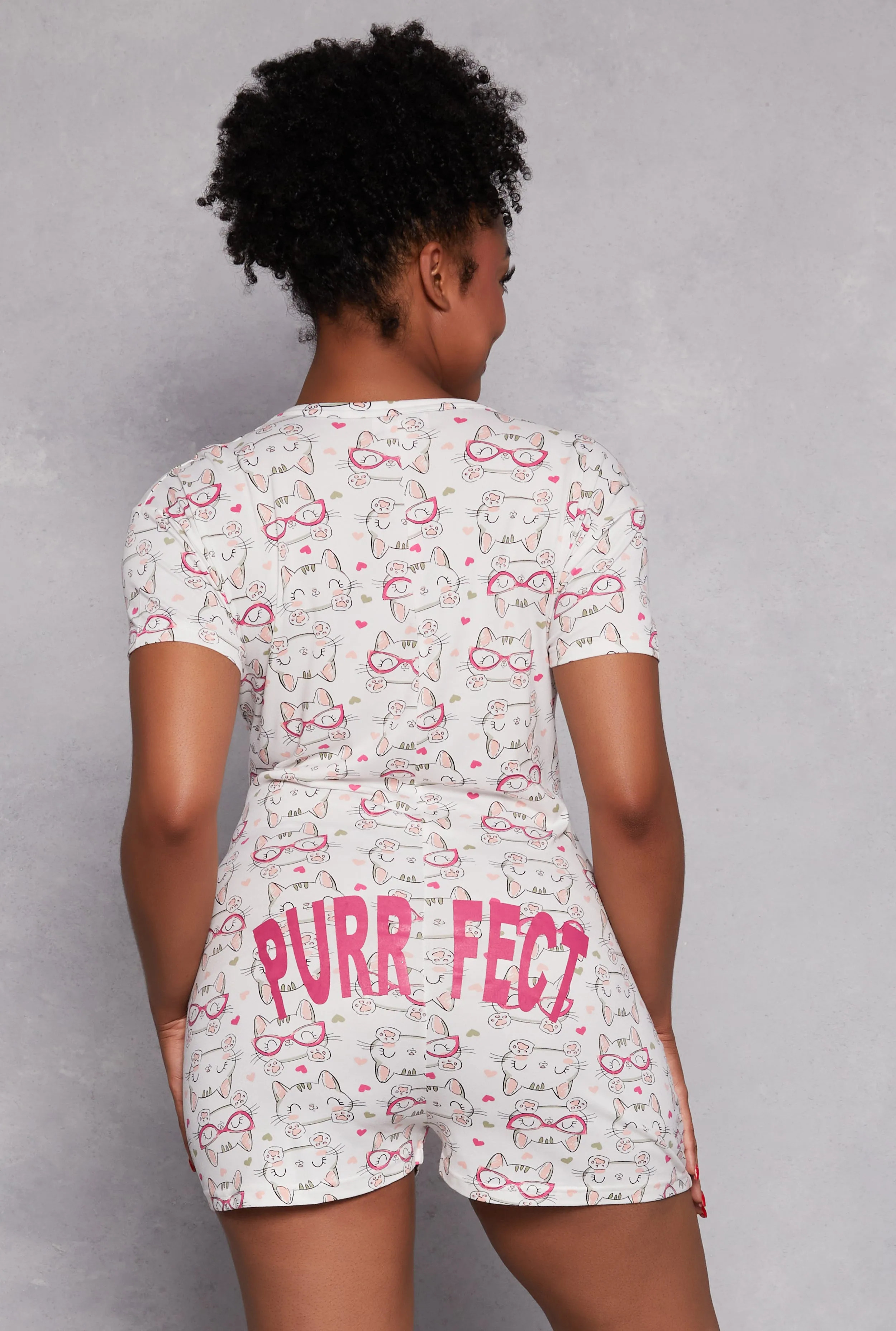 Plus Size Purrfect Cat Print Pajama Romper sold by Rainbow