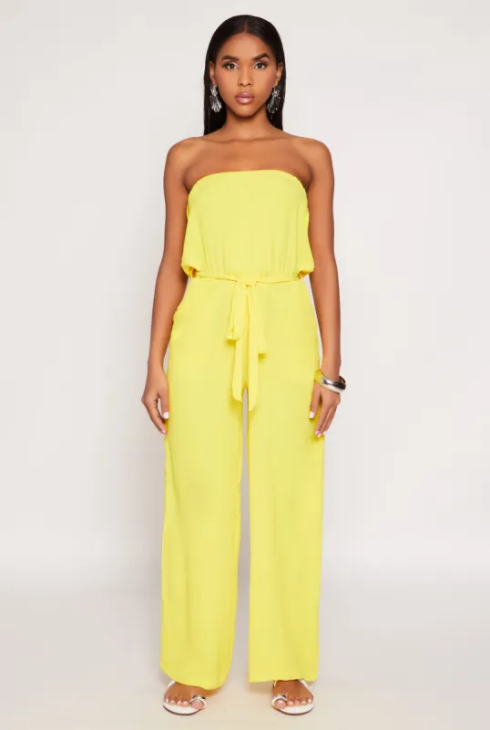 Crepe Knit Tie Waist Strapless Jumpsuit sold by Rainbow