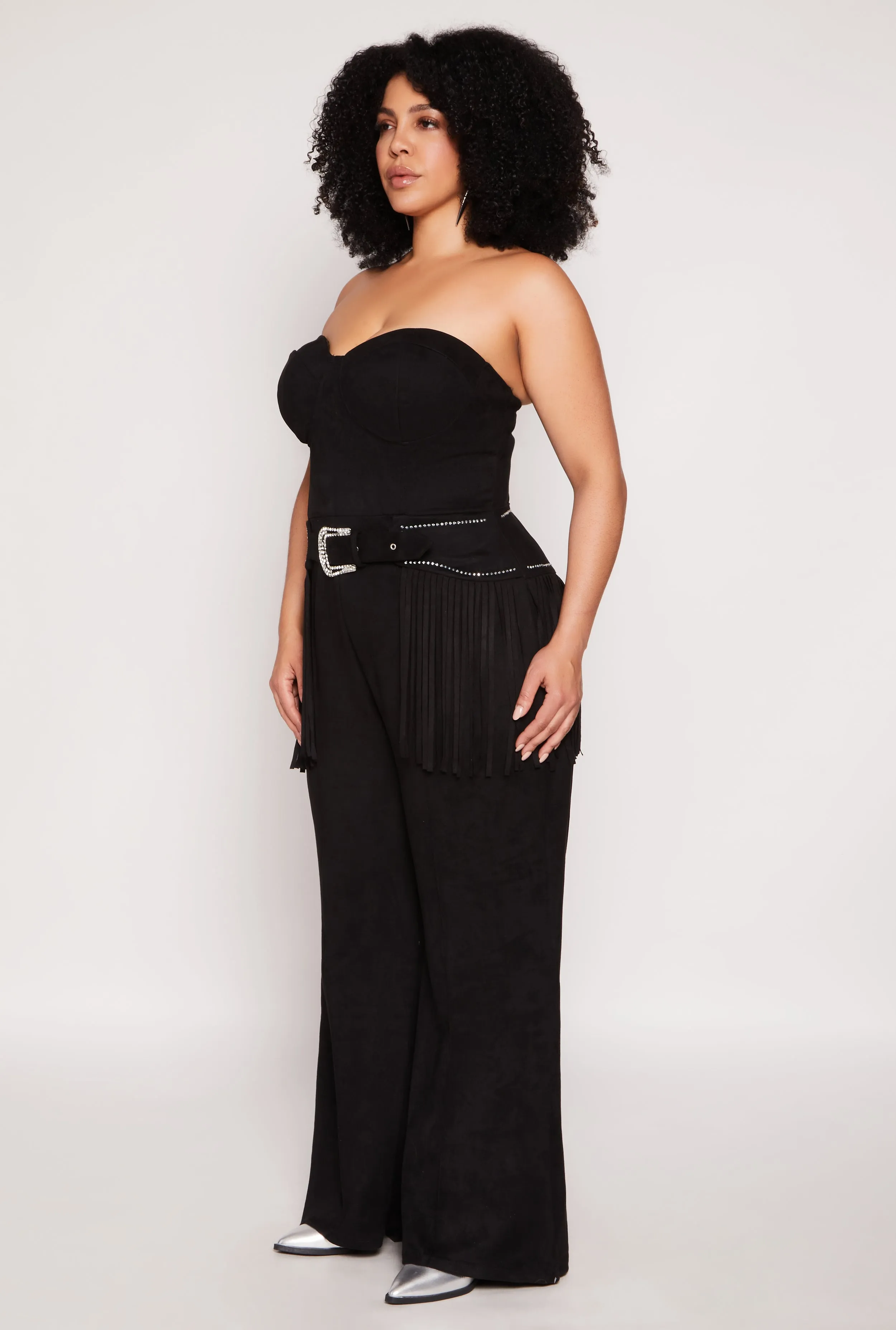 Plus Size Faux Suede Western Buckle Fringe Jumpsuit sold by Rainbow product image thumbnail 2