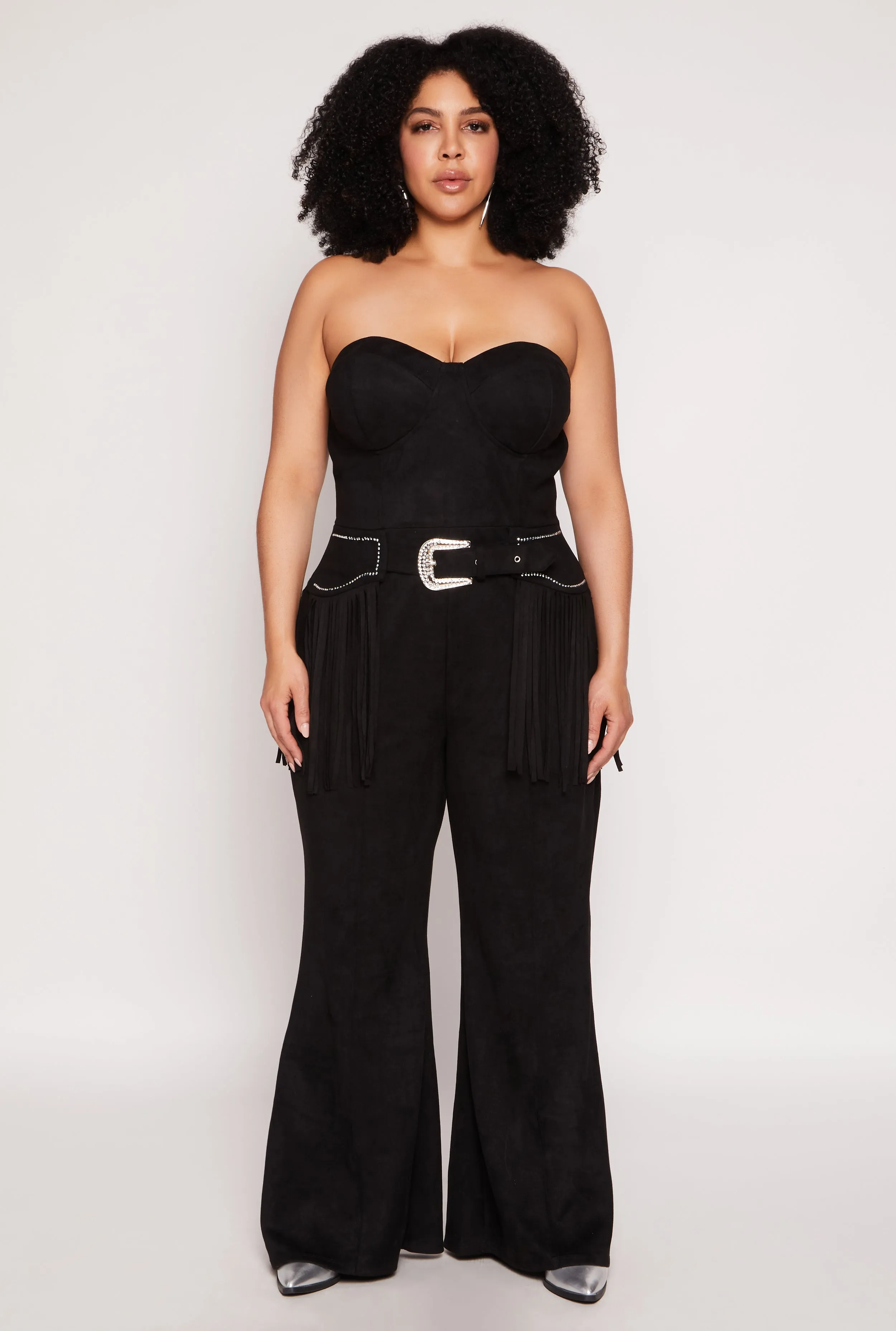 Plus Size Faux Suede Western Buckle Fringe Jumpsuit sold by Rainbow