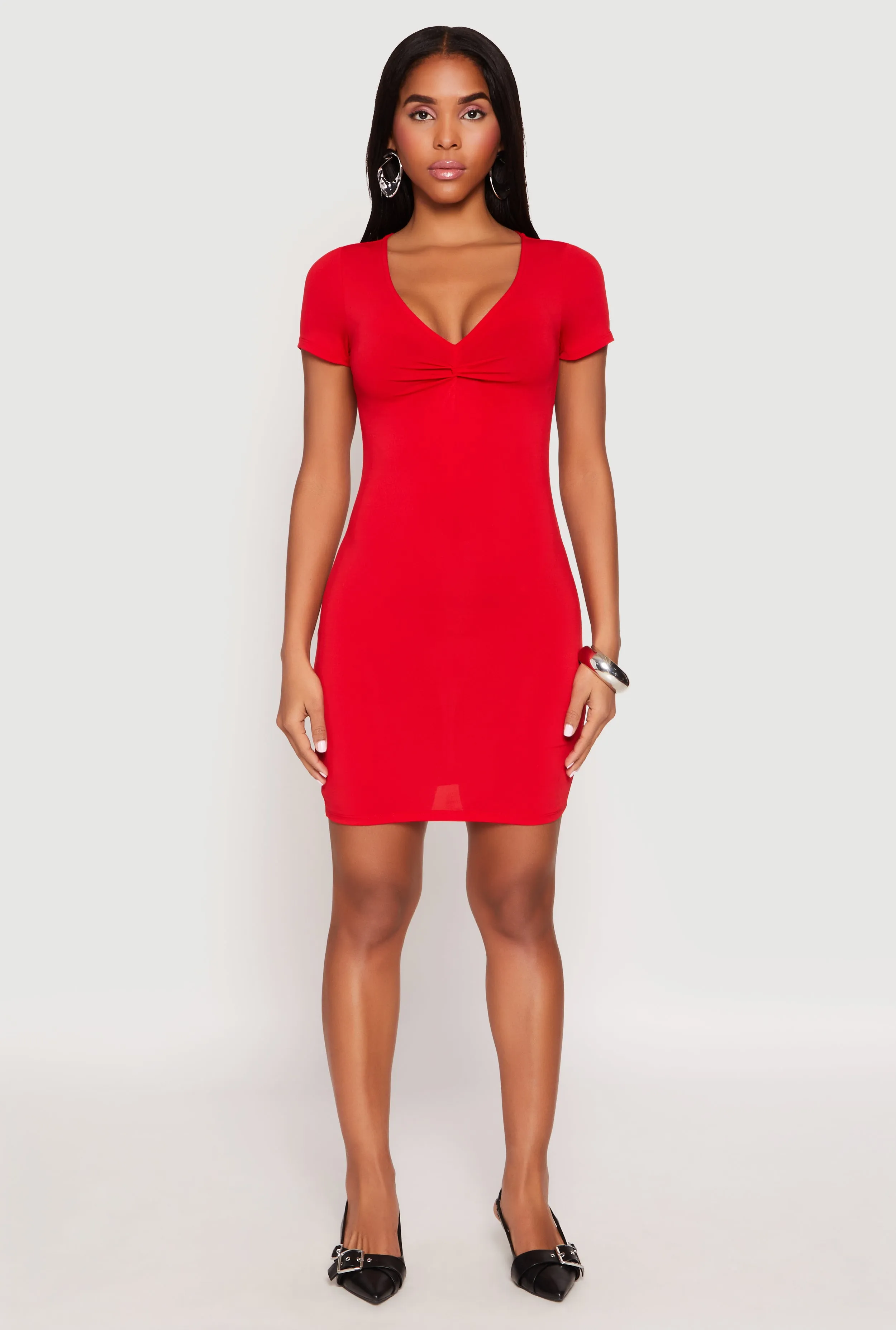 Crepe Knit V Neck Twist Front Mini Dress sold by Rainbow