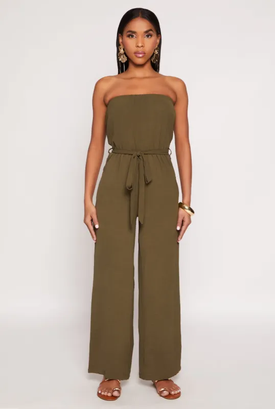 Crepe Knit Tie Waist Strapless Jumpsuit sold by Rainbow