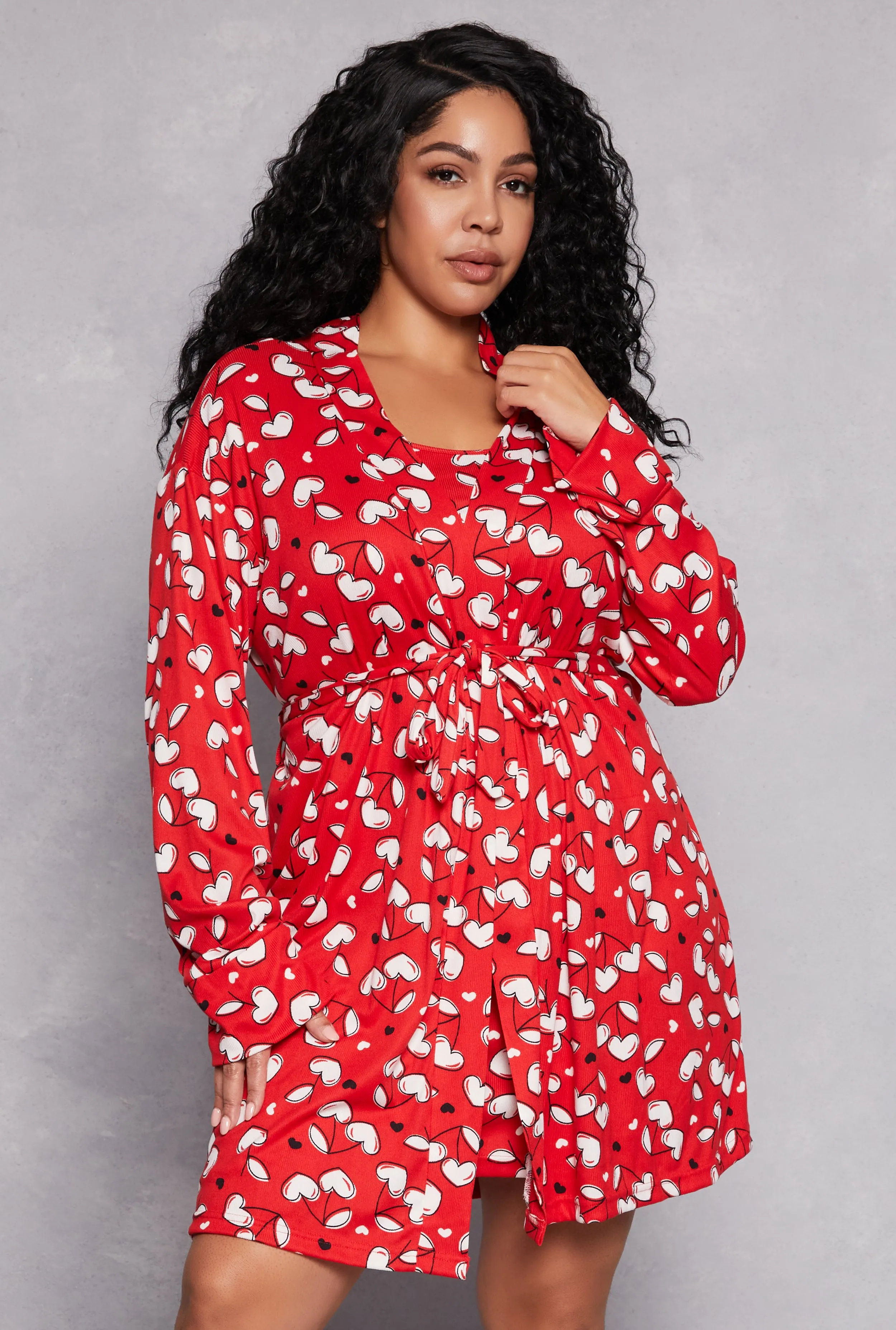 Plus Size Cherry Heart Print Cami Nightgown with Robe sold by Rainbow
