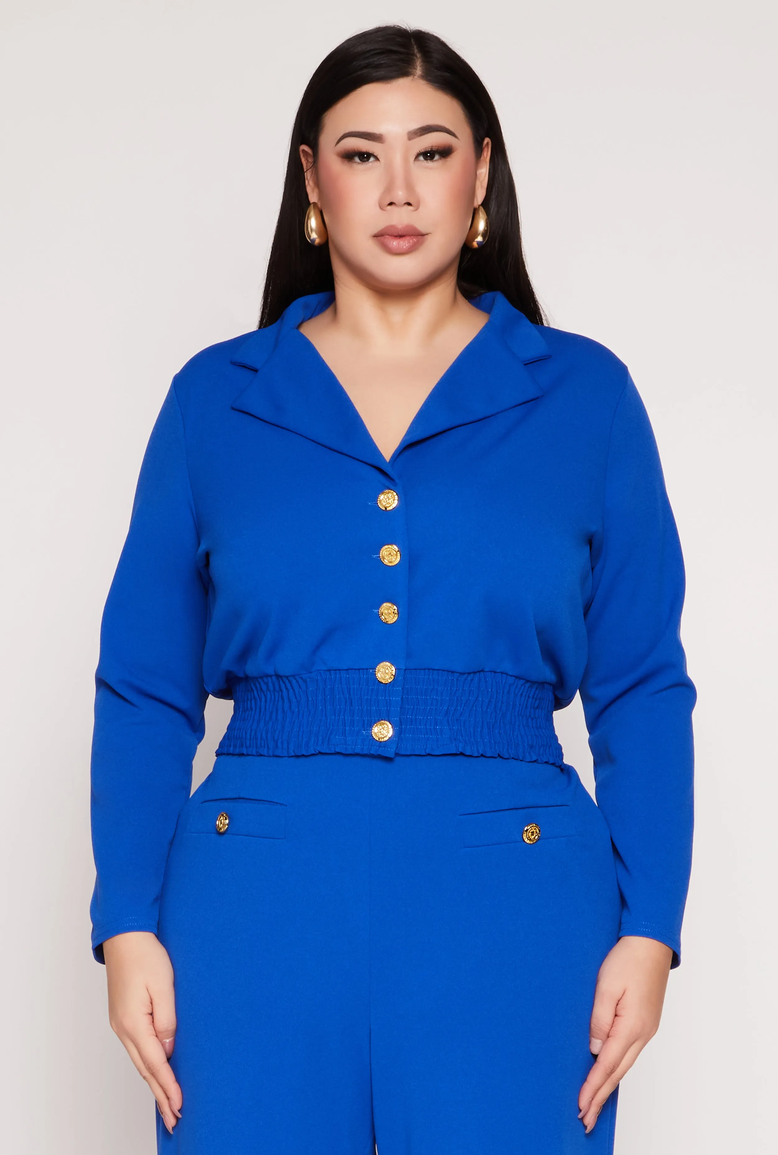 Plus Size Button Front Smocked Blouse sold by Rainbow