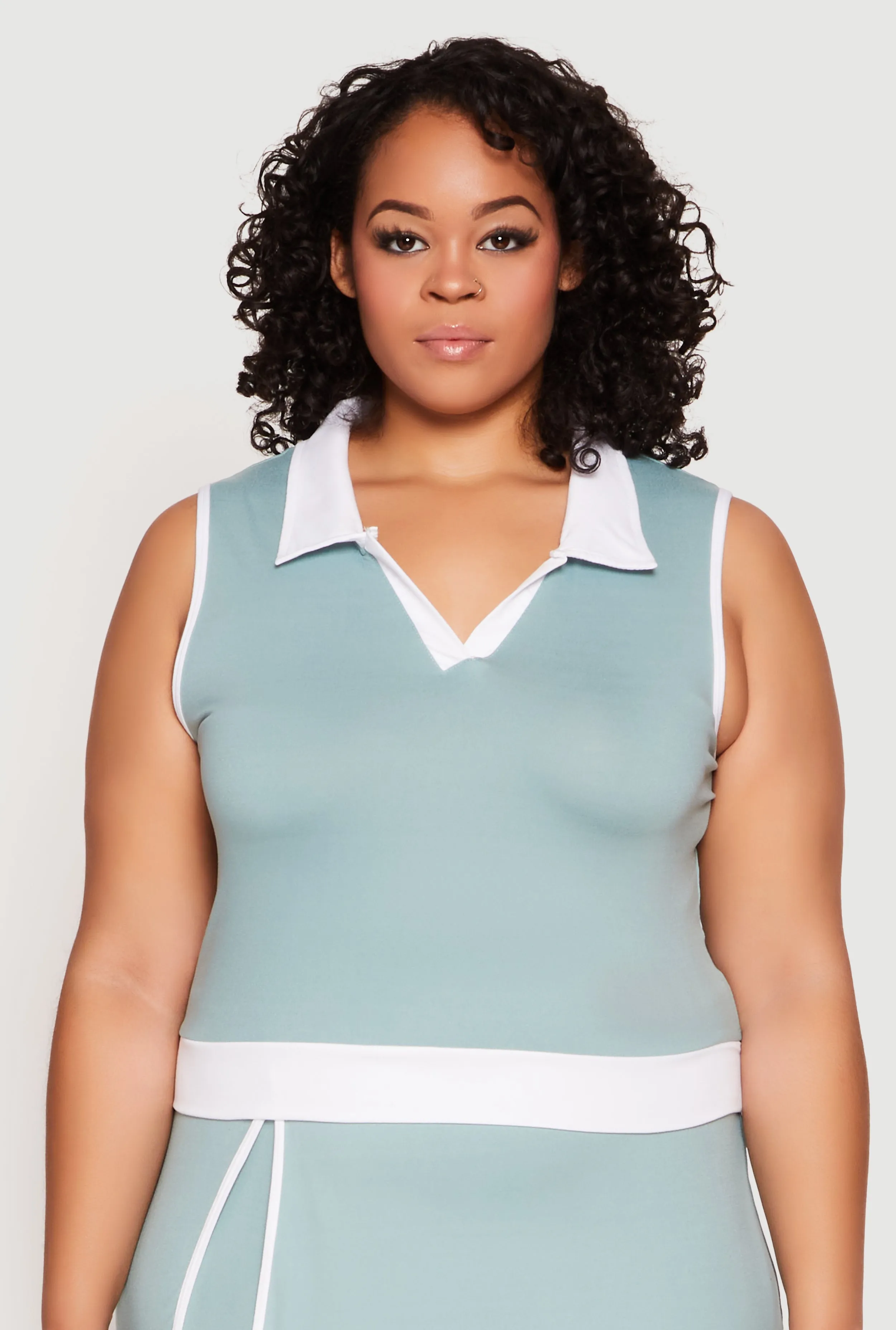 Plus Size Contrast Trim Johnny Collar Sleeveless Top sold by Rainbow