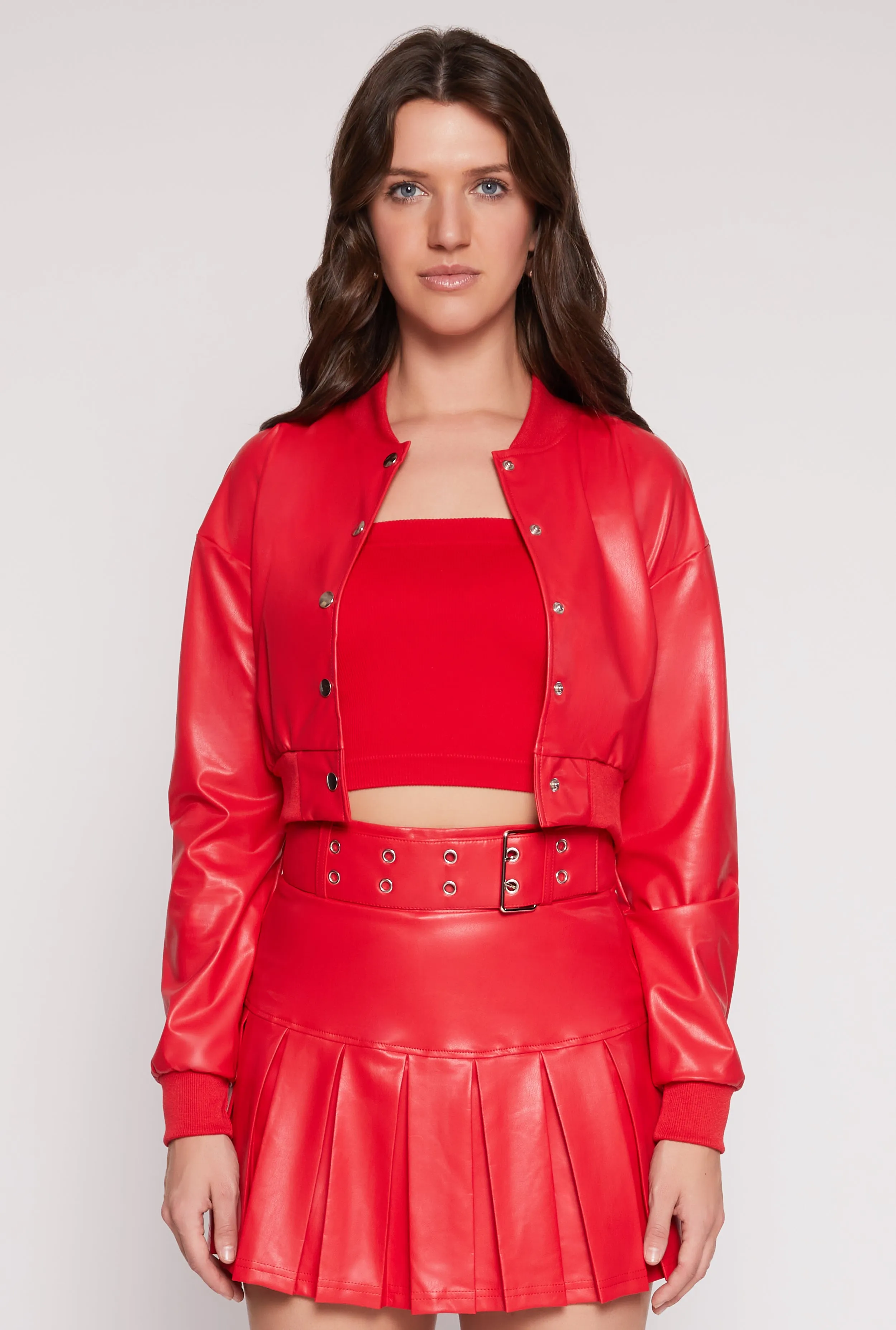 Faux Leather Cropped Bomber Jacket sold by Rainbow