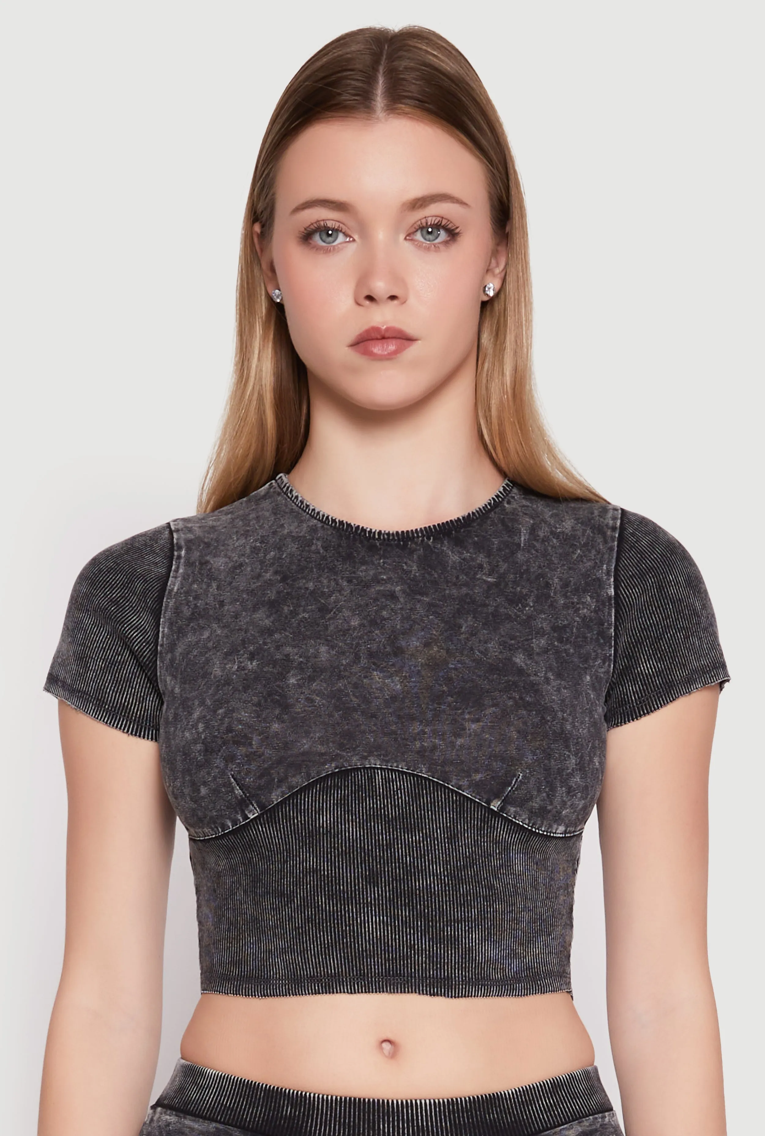 Acid Wash Corset Detail Crop Top sold by Rainbow