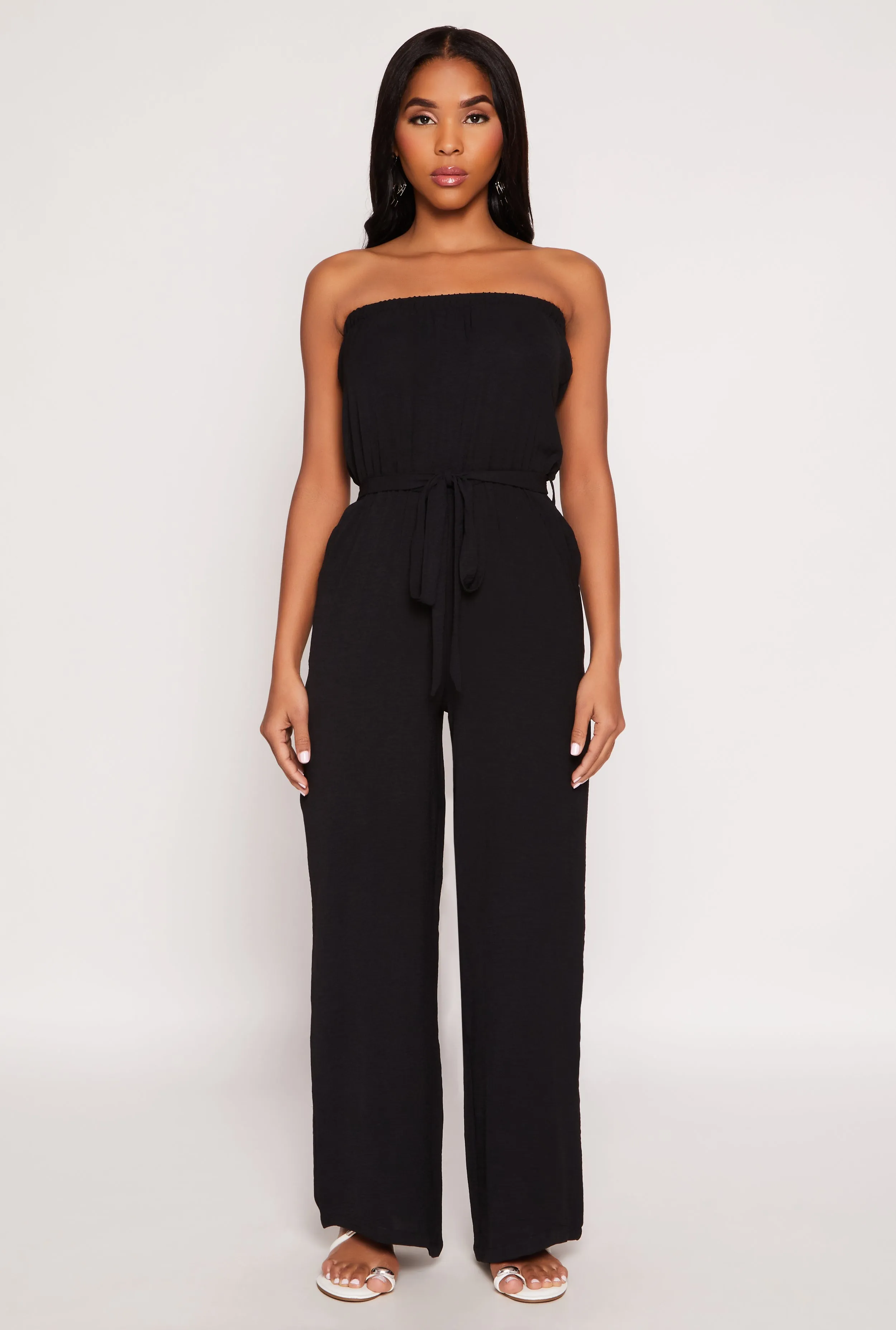 Crepe Knit Tie Waist Strapless Jumpsuit sold by Rainbow