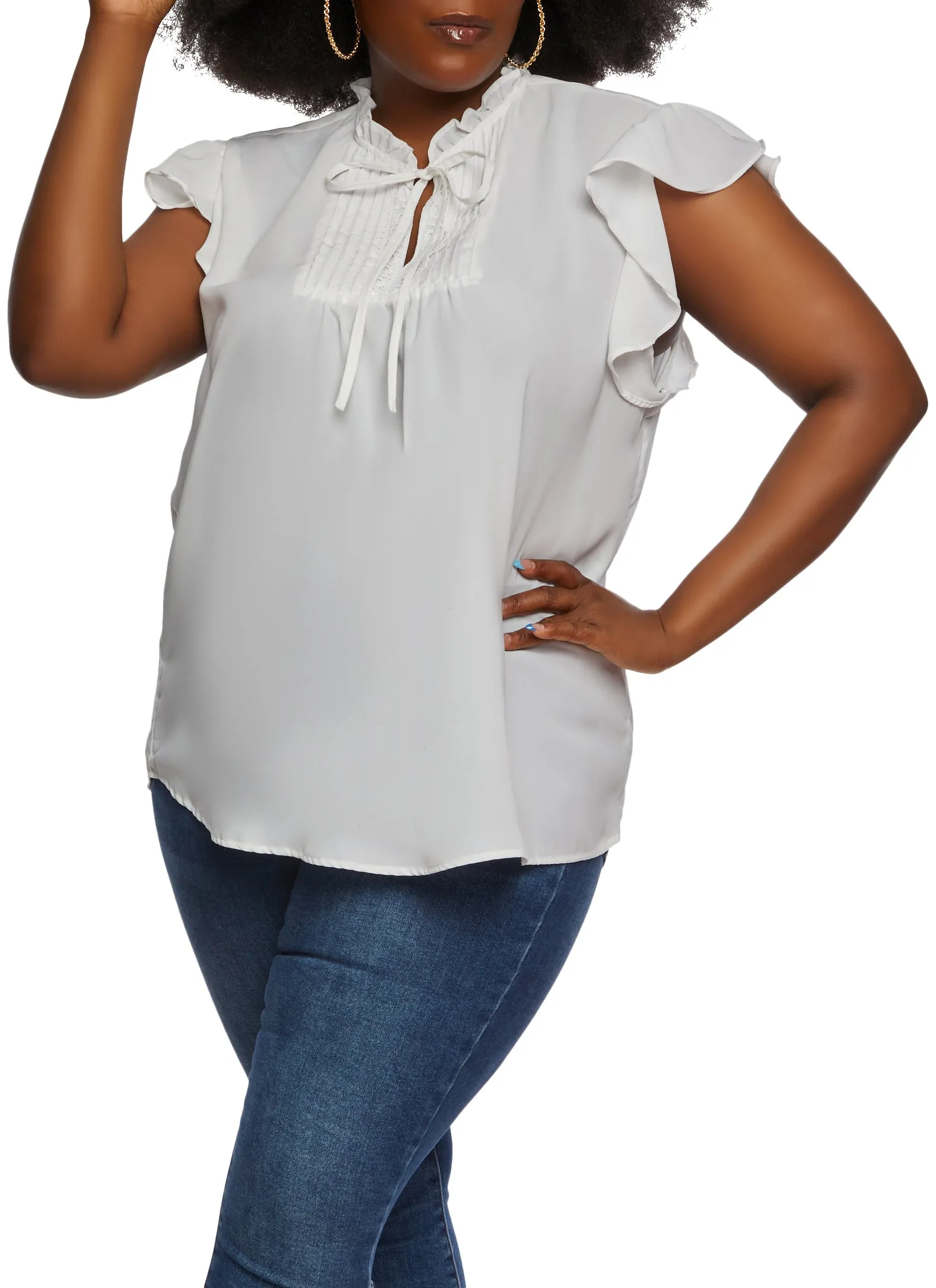 Plus Size Flutter Sleeve Tie Neck Blouse sold by Rainbow product image thumbnail 2