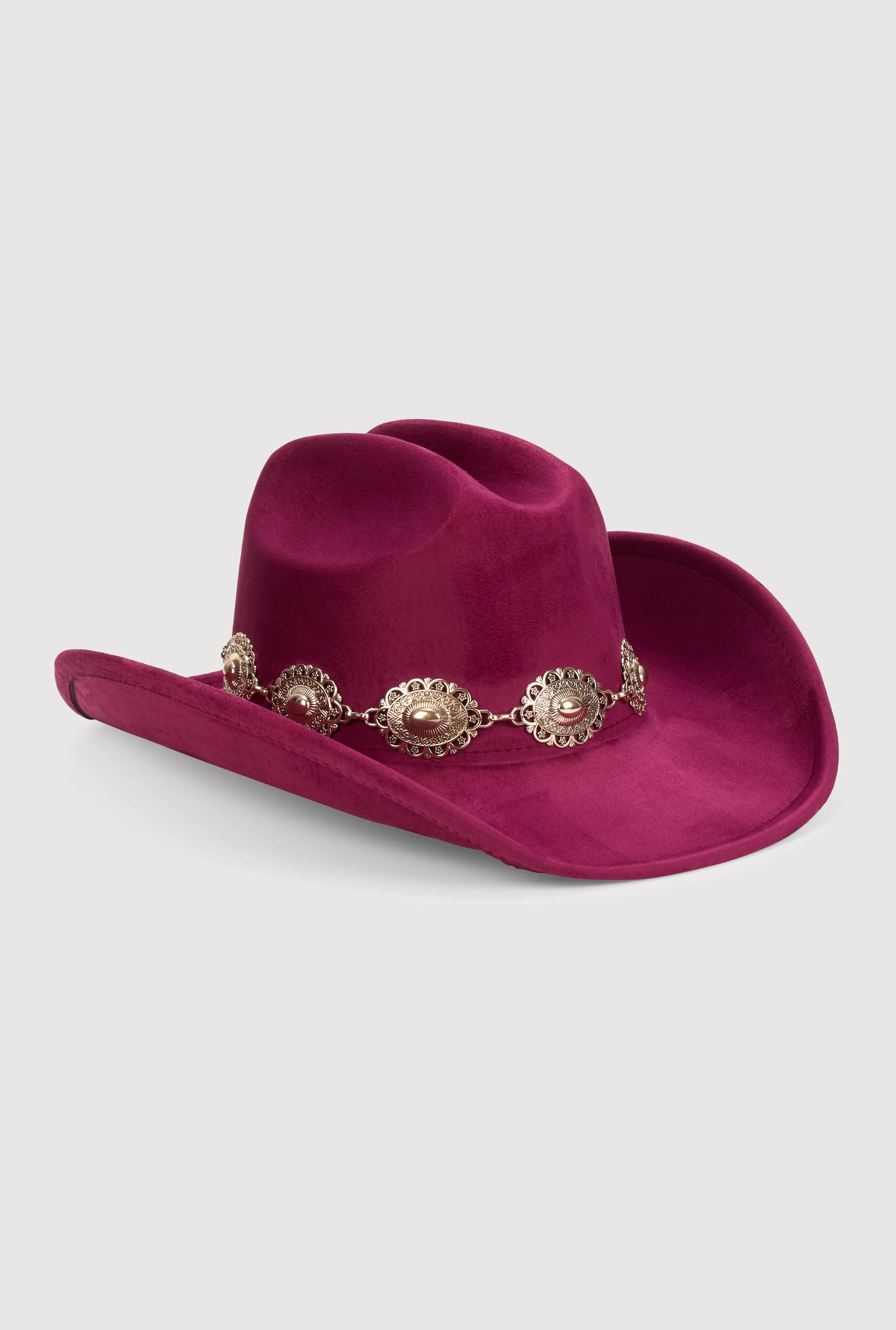 Faux Suede Concho Chain Detail Cowboy Hat sold by Rainbow