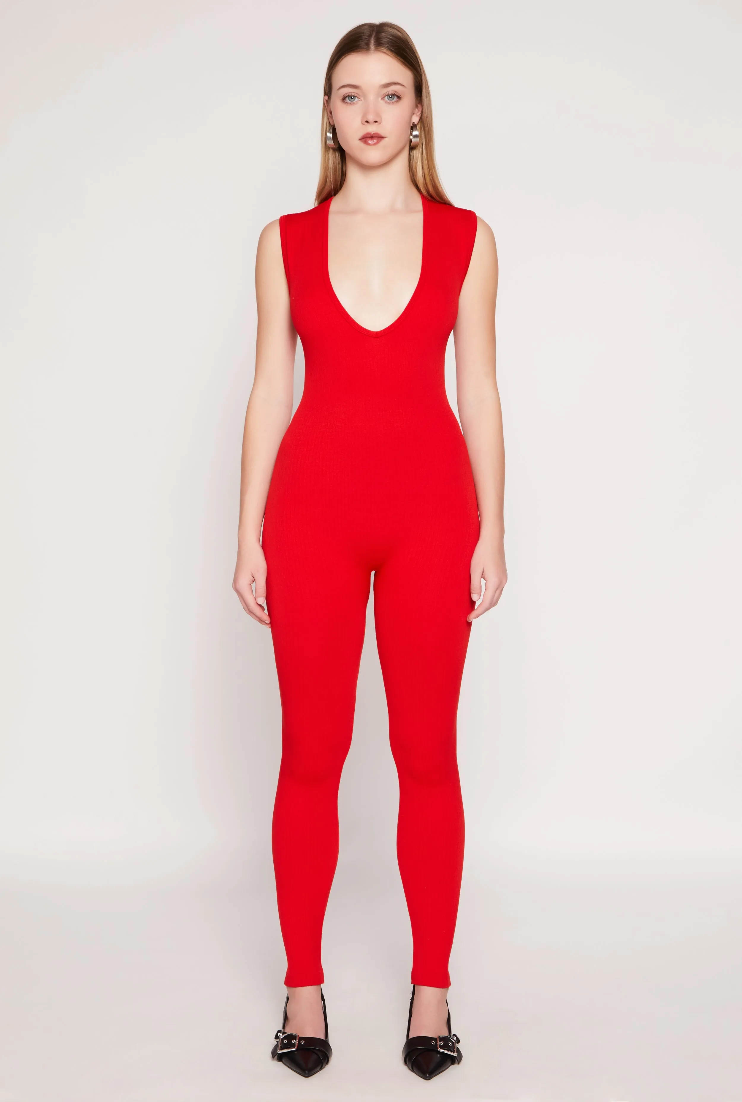 Seamless Ribbed Knit Plunge V Neck Catsuit sold by Rainbow