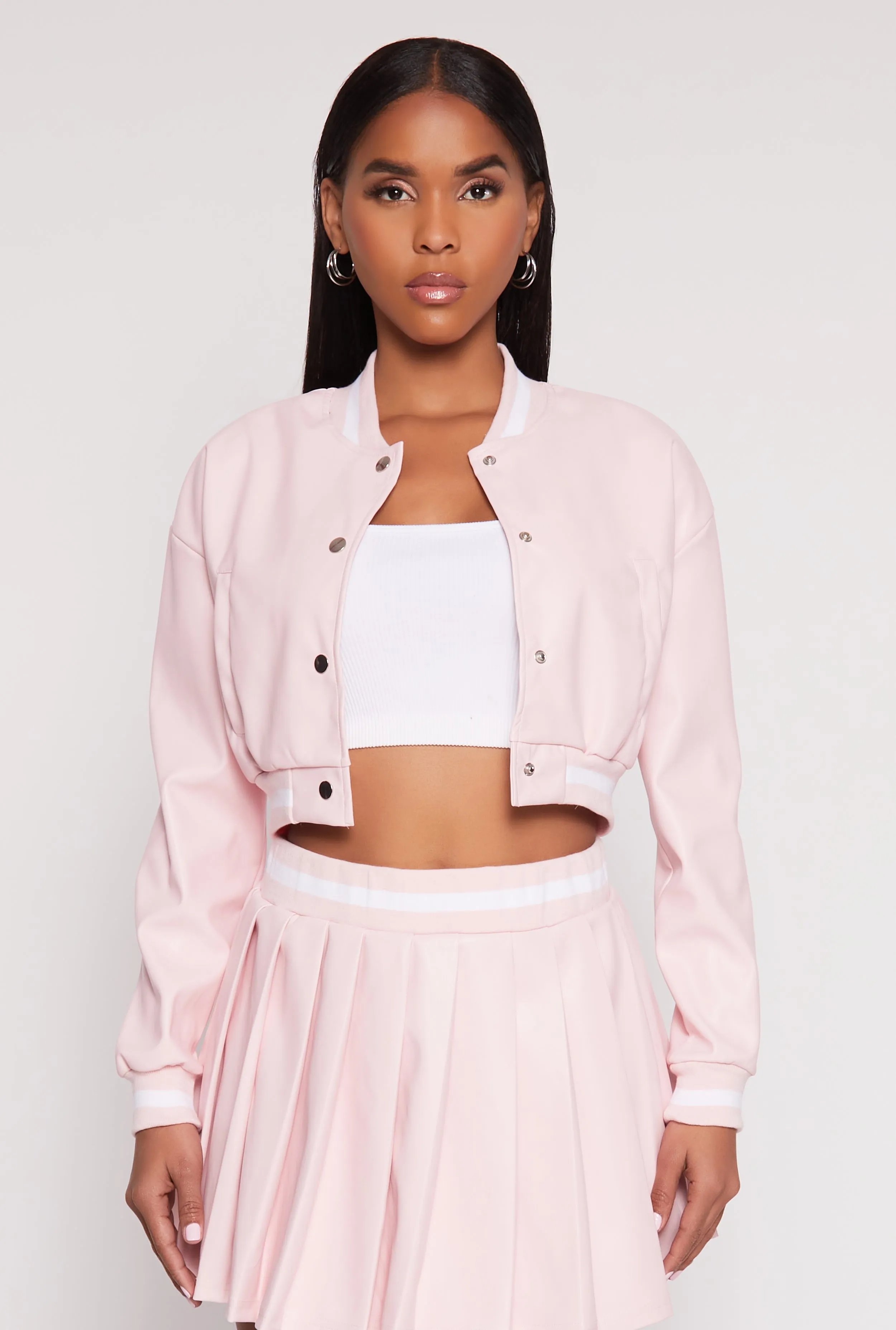 Faux Leather Cropped Bomber Jacket sold by Rainbow