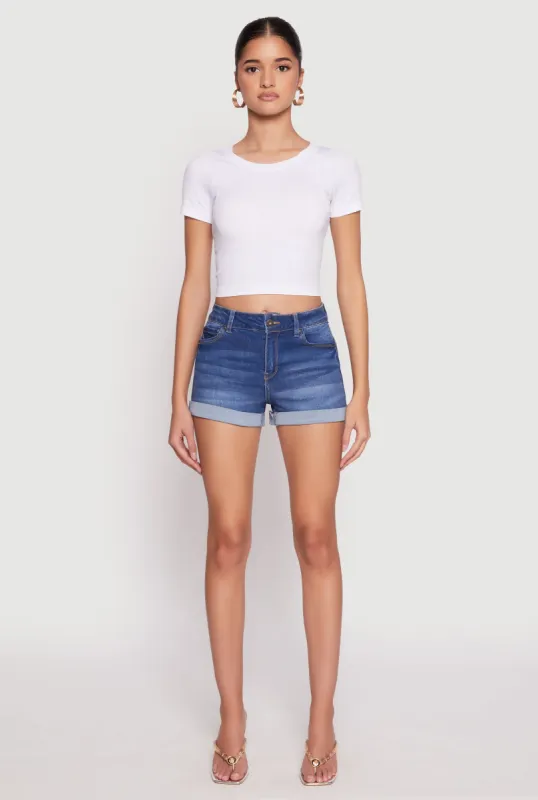 WAX Fixed Cuff High Waist Denim Shorts sold by Rainbow