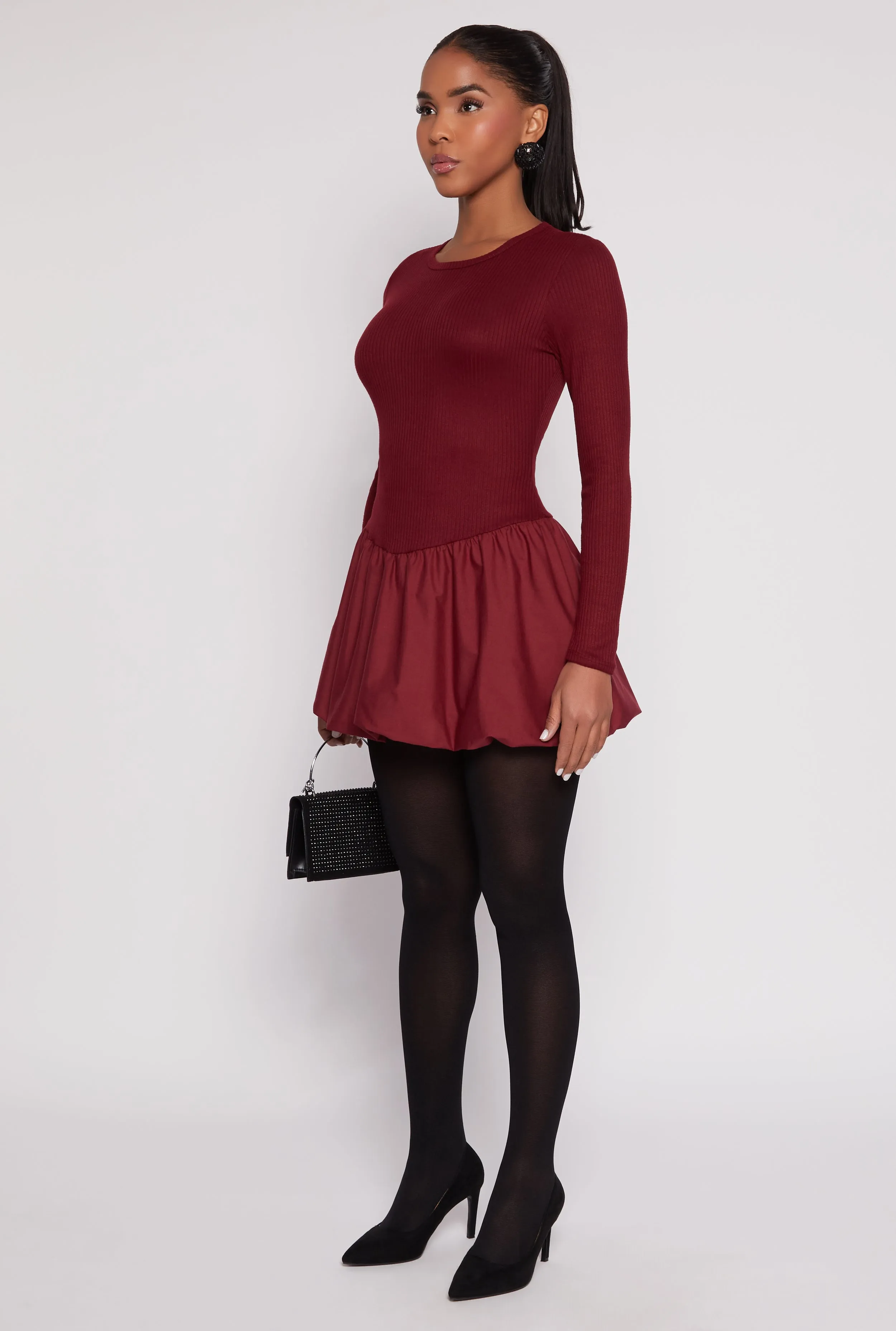 Long Sleeve Rib Knit Bubble Mini Dress sold by Rainbow product image thumbnail 2