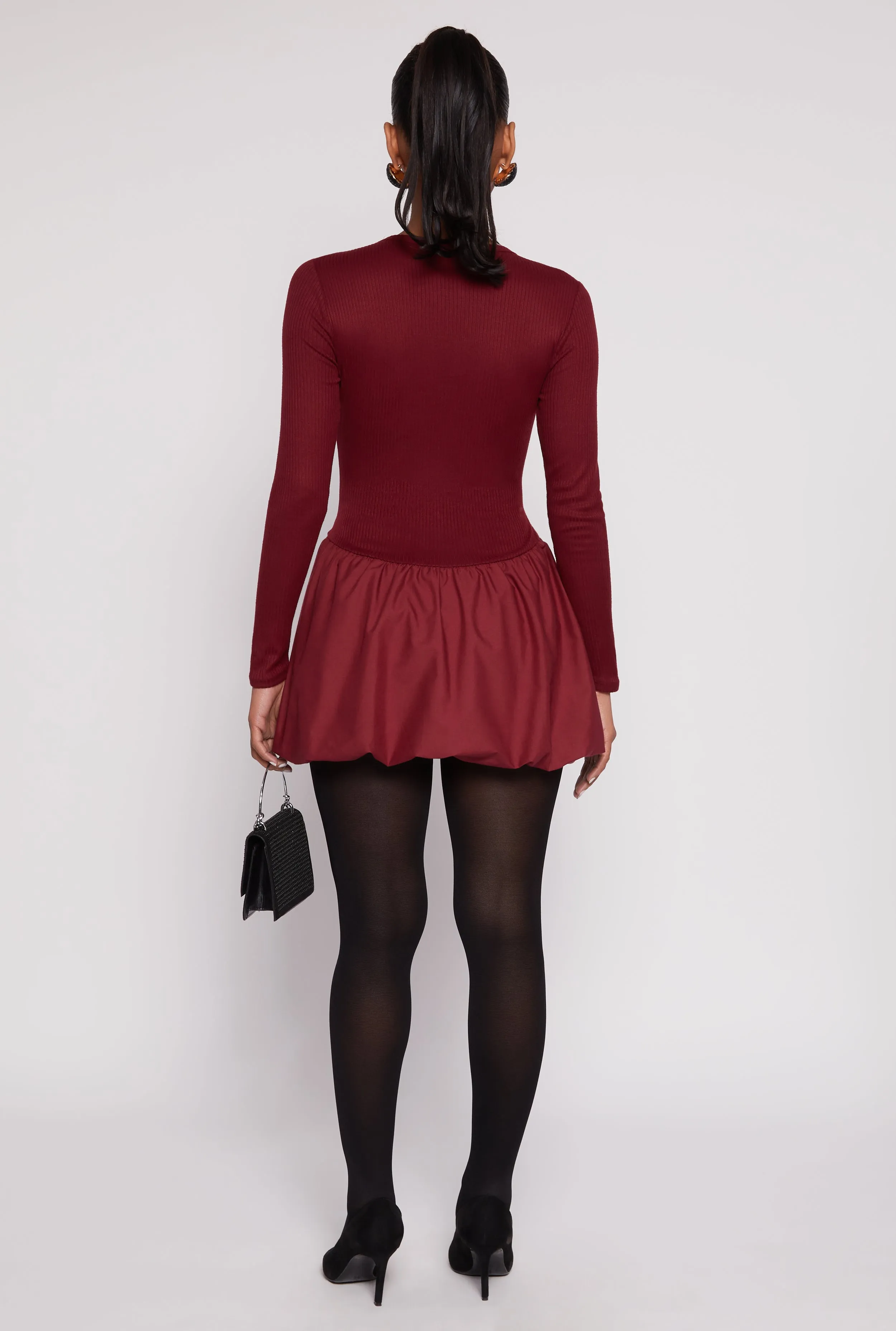 Long Sleeve Rib Knit Bubble Mini Dress sold by Rainbow product image thumbnail 3