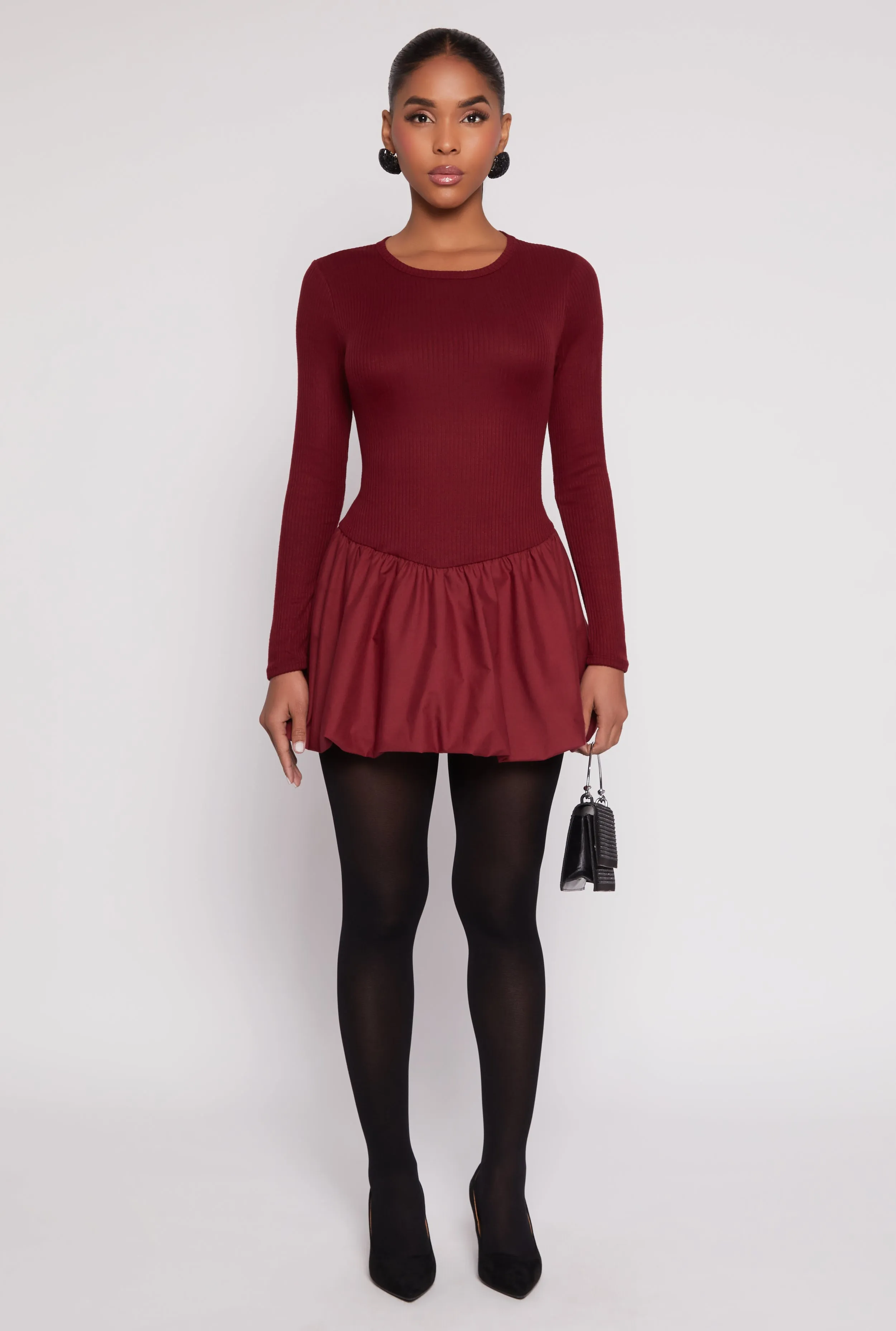 Long Sleeve Rib Knit Bubble Mini Dress sold by Rainbow