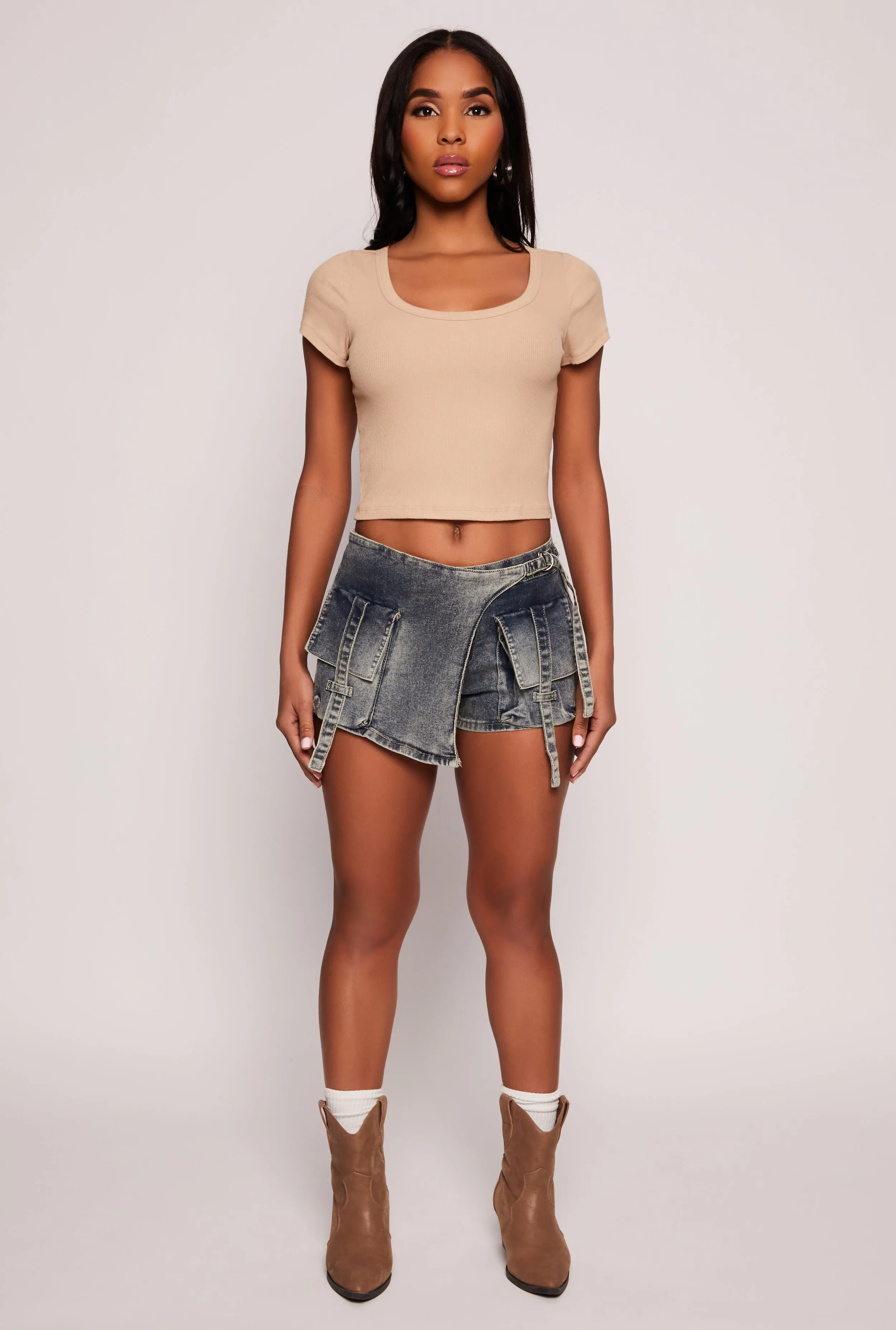 VIP Denim Asymmetrical Wrap Front Cargo Skort sold by Rainbow
