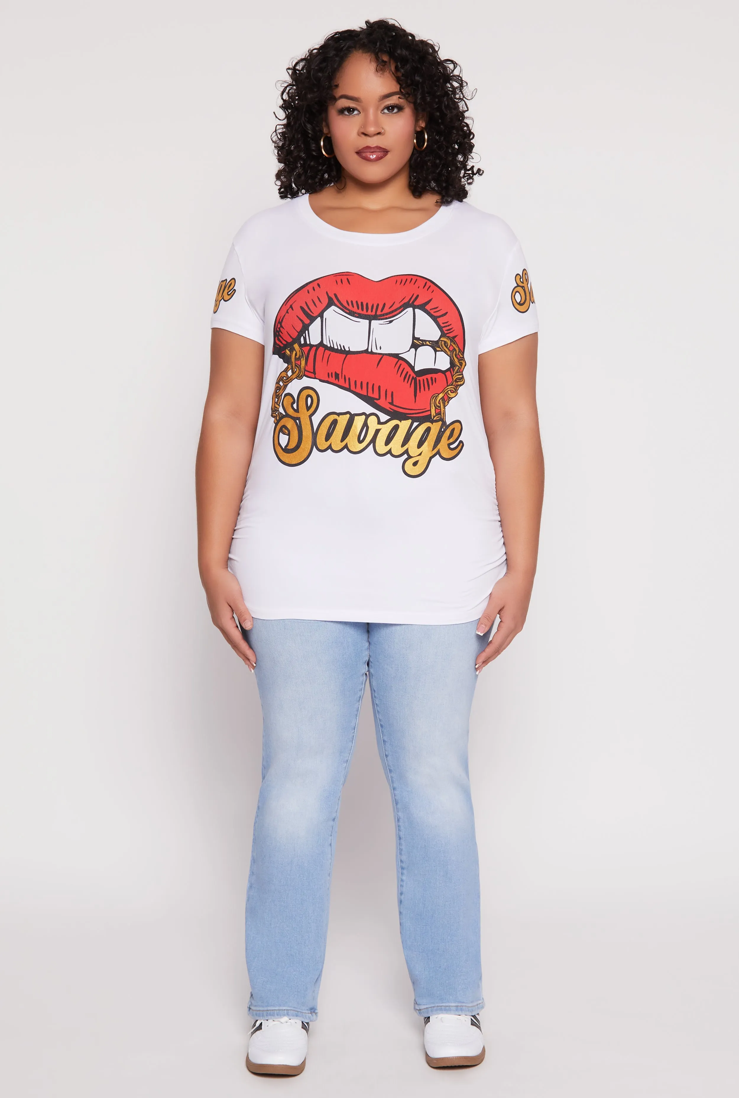 Plus Size Savage Lip Graphic Ruched Top sold by Rainbow