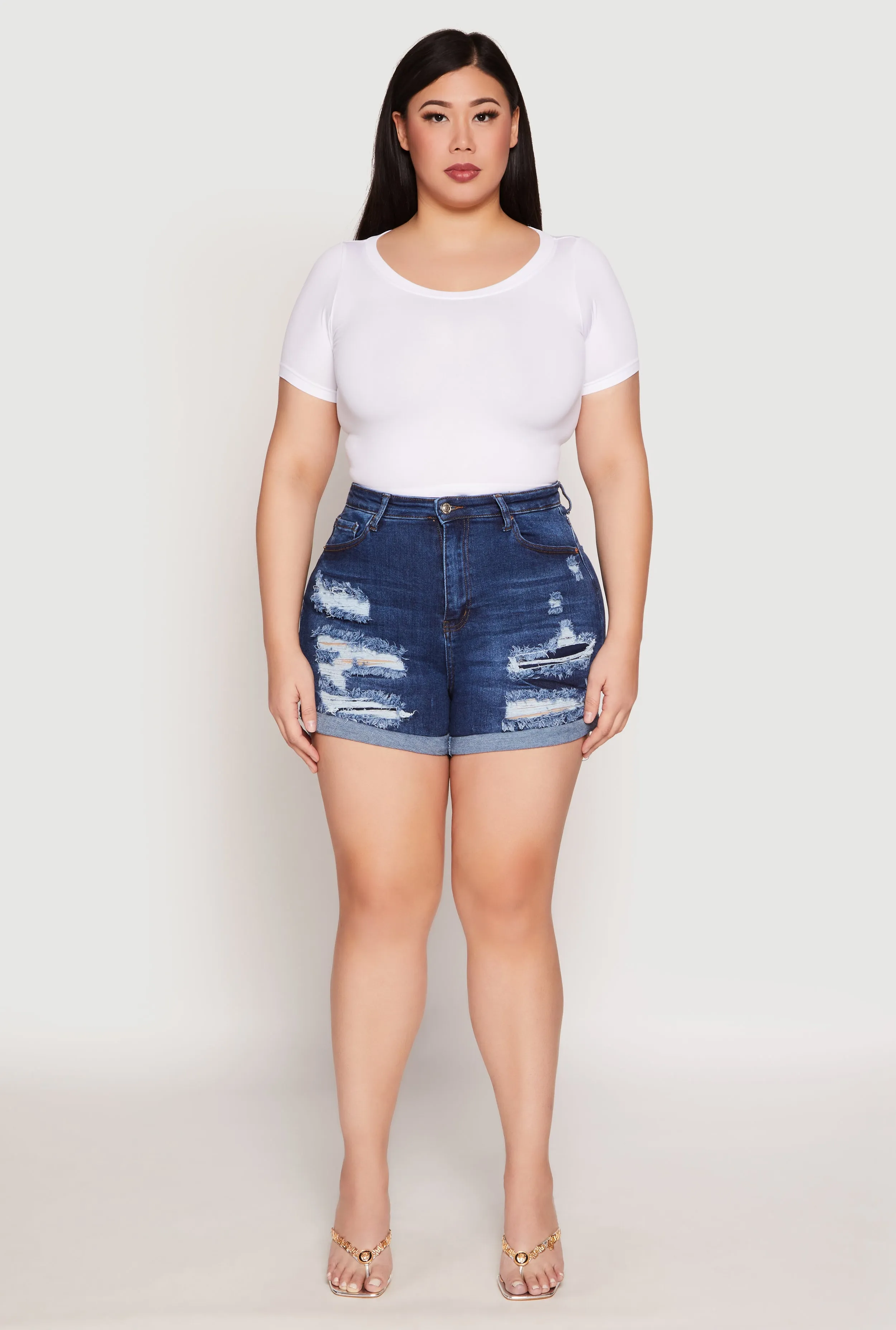 Plus Size WAX Distressed Denim Mom Shorts sold by Rainbow