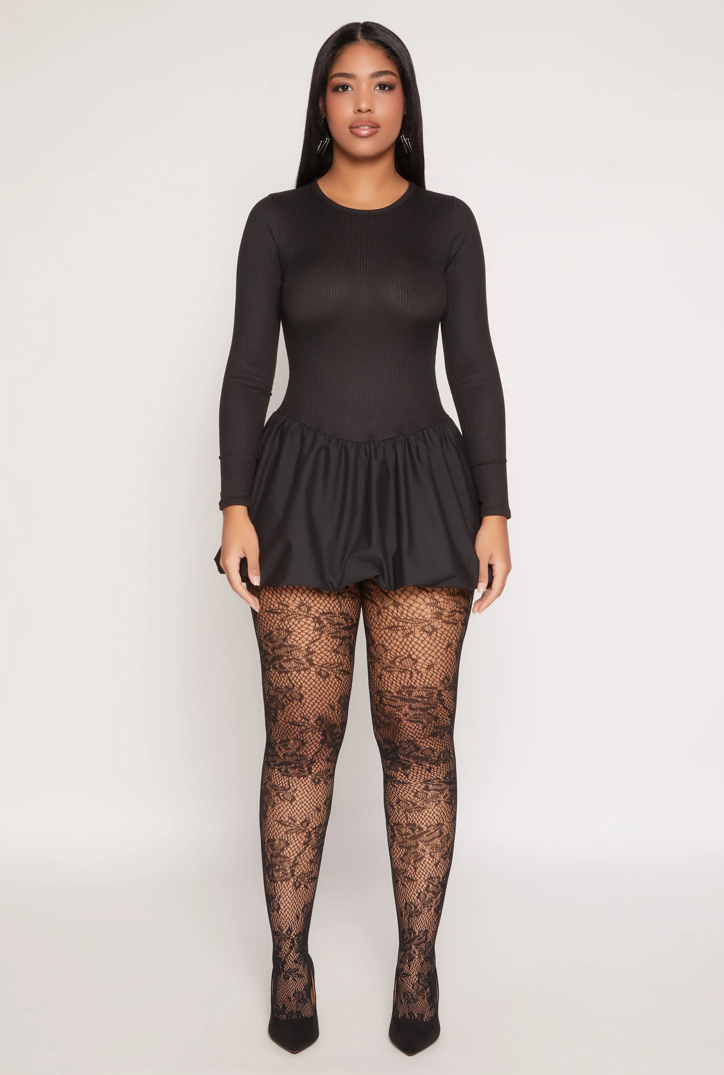 Long Sleeve Rib Knit Bubble Mini Dress sold by Rainbow