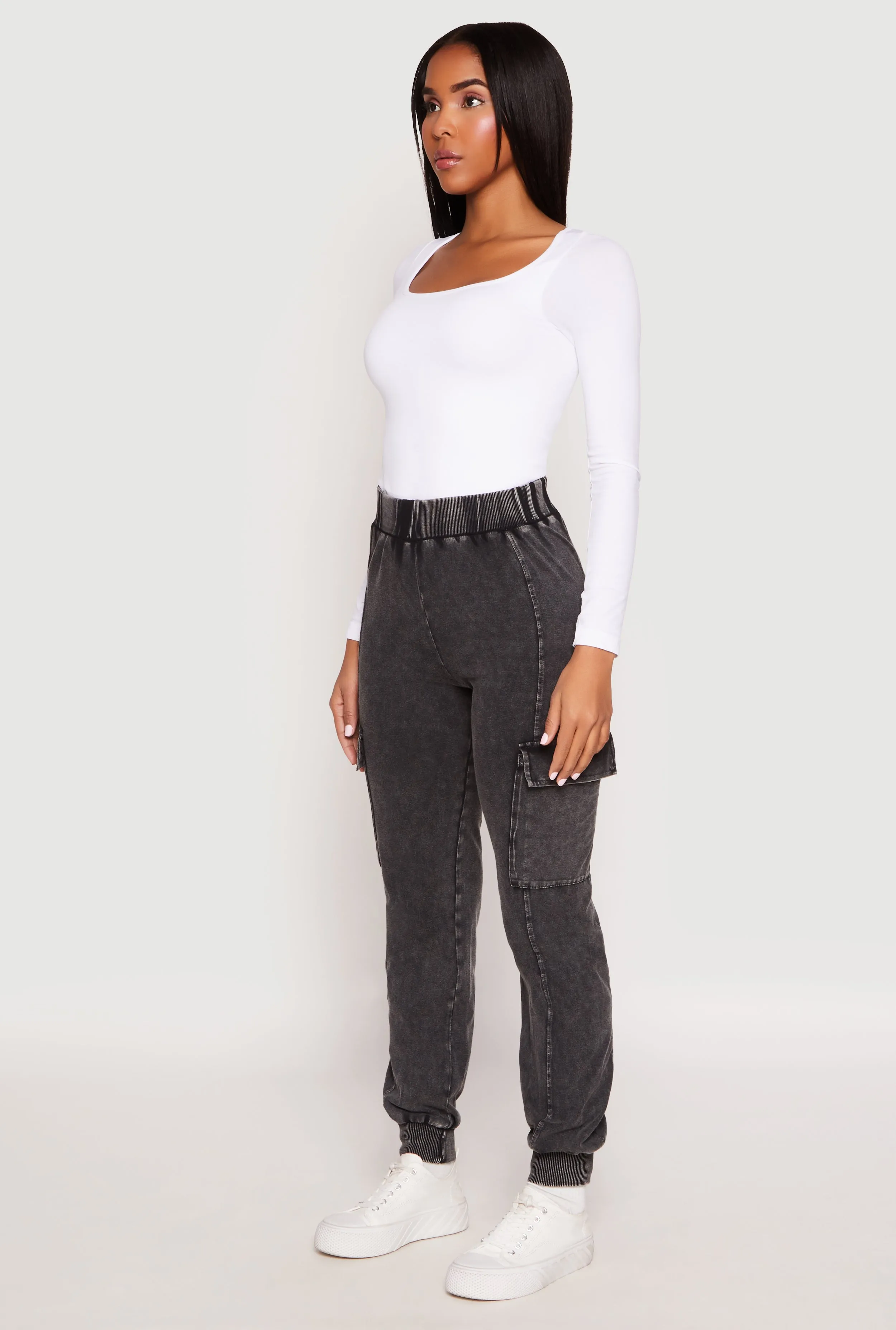 Acid Wash High Waisted Pintuck Cargo Joggers sold by Rainbow product image thumbnail 2