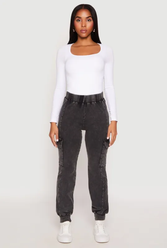 Acid Wash High Waisted Pintuck Cargo Joggers sold by Rainbow