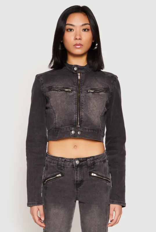 Almost Famous Denim Moto Cropped Jacket sold by Rainbow