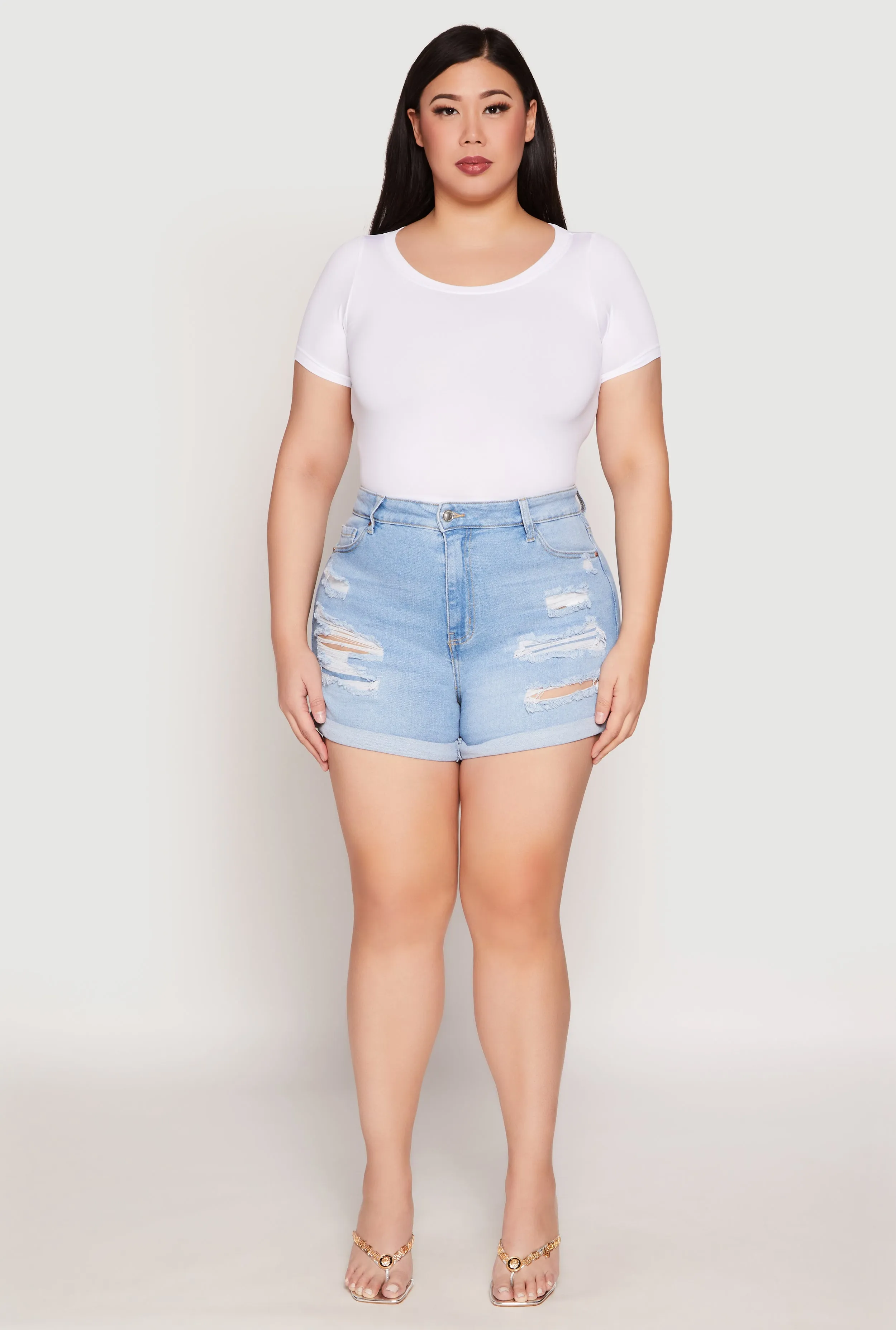Plus Size WAX Distressed Denim Mom Shorts sold by Rainbow